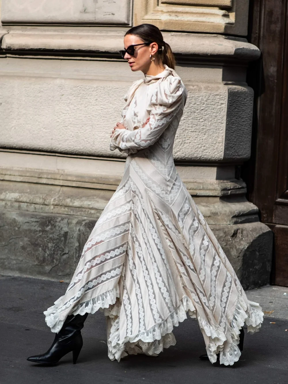 Ivory lace scalloped dress with leather ankle boots and a silk scarf