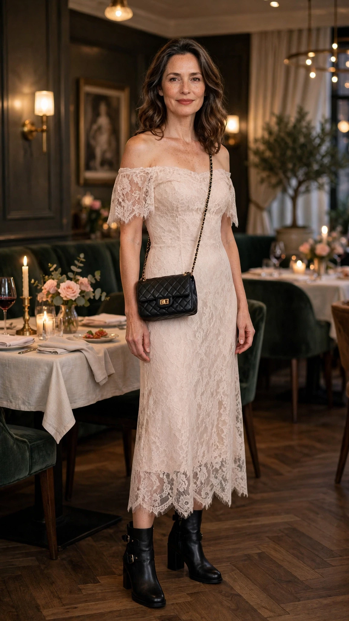 Soft lace off-shoulder dress with block-heel ankle boots and a chic crossbody bag