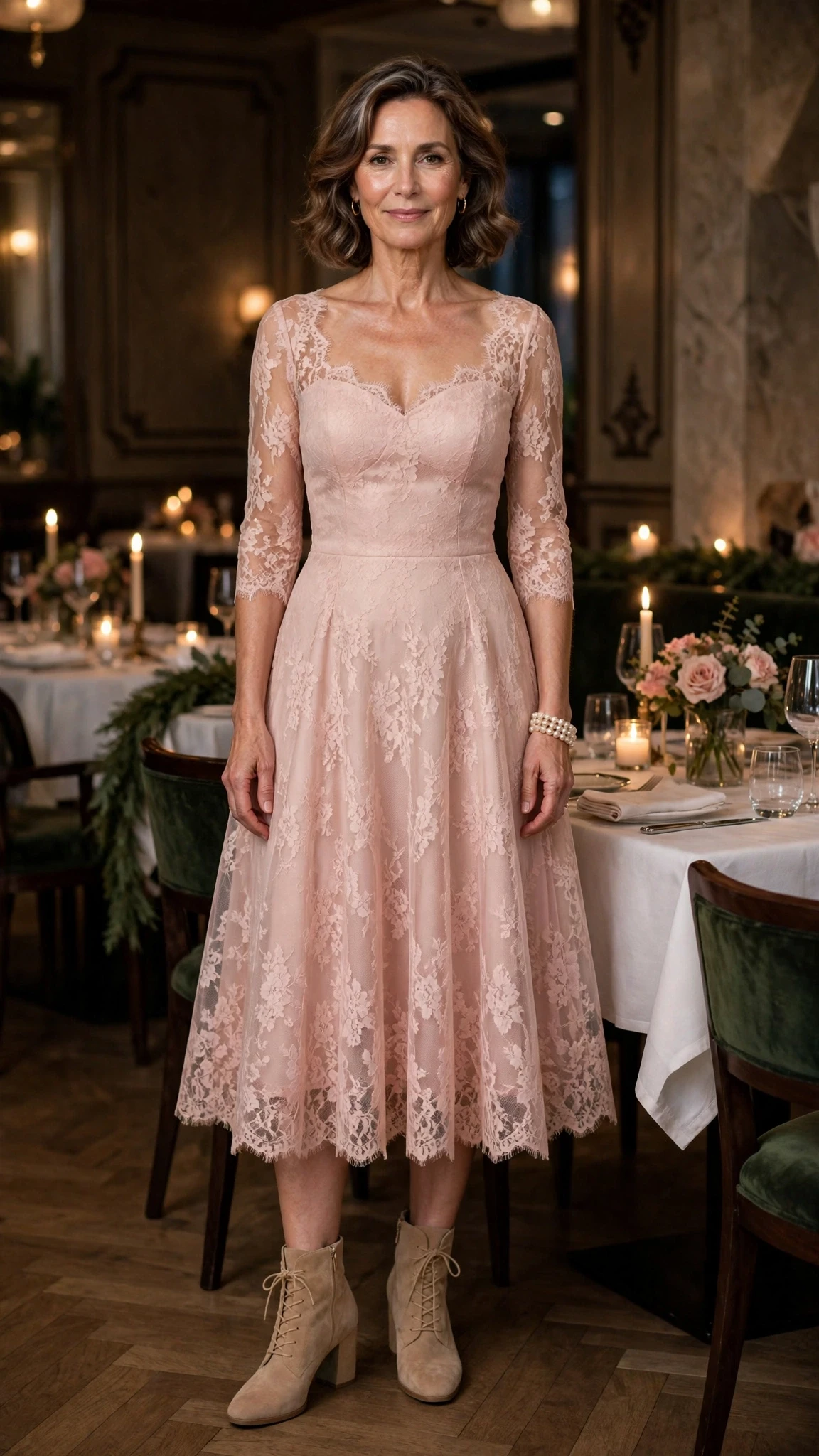 Blush lace fit-and-flare dress with block-heel ankle boots and a pearl bracelet