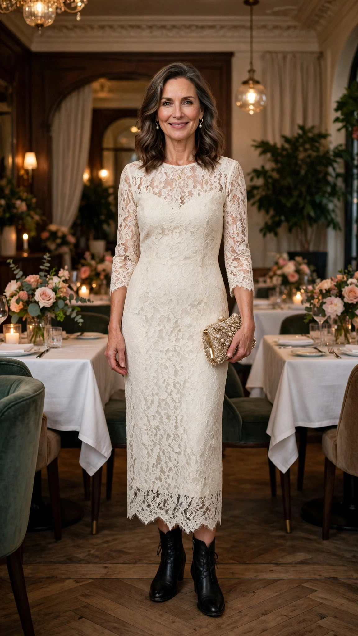 Ivory lace sheath dress with leather ankle boots and a beaded clutch