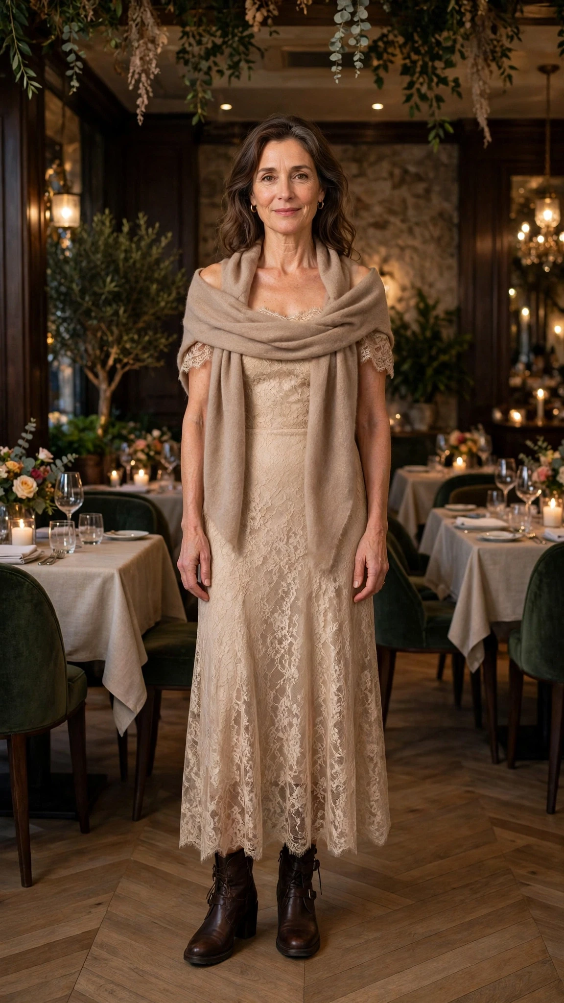 Champagne lace off-shoulder dress with leather ankle boots and a cashmere wrap