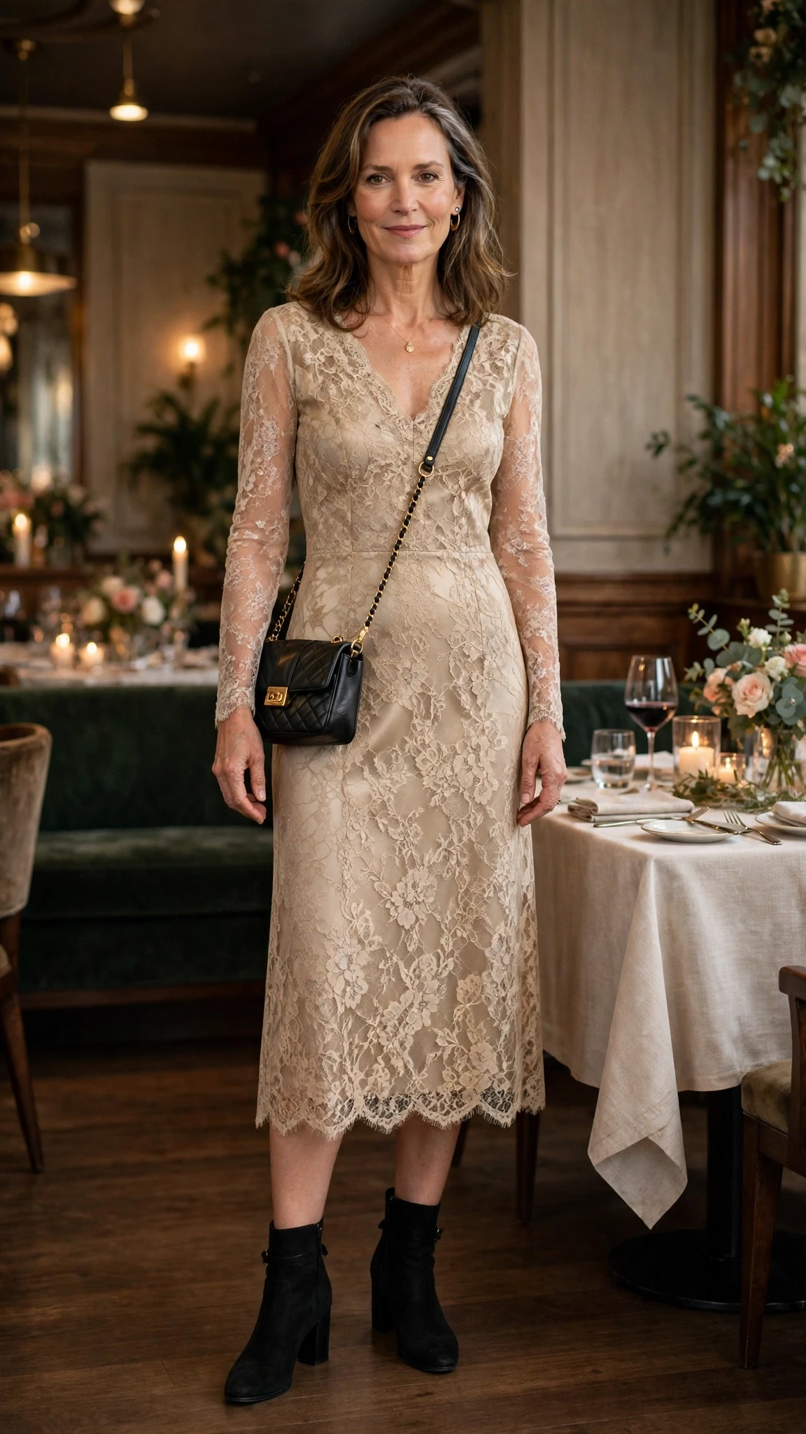 Champagne lace V-neck dress with block-heel ankle boots and a chic crossbody bag