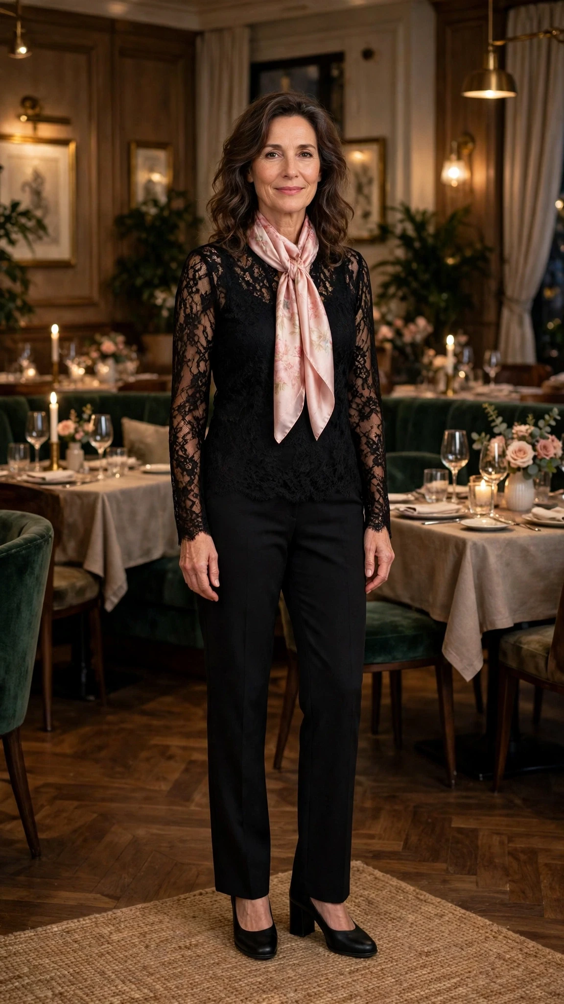 38 Women Over 50 Lace Top and Trouser Outfits for February Evenings That Are Chic, Romantic and Easy to Wear 5 Black lace top and straight trouser outfit with comfortable block heels and a silk scarf