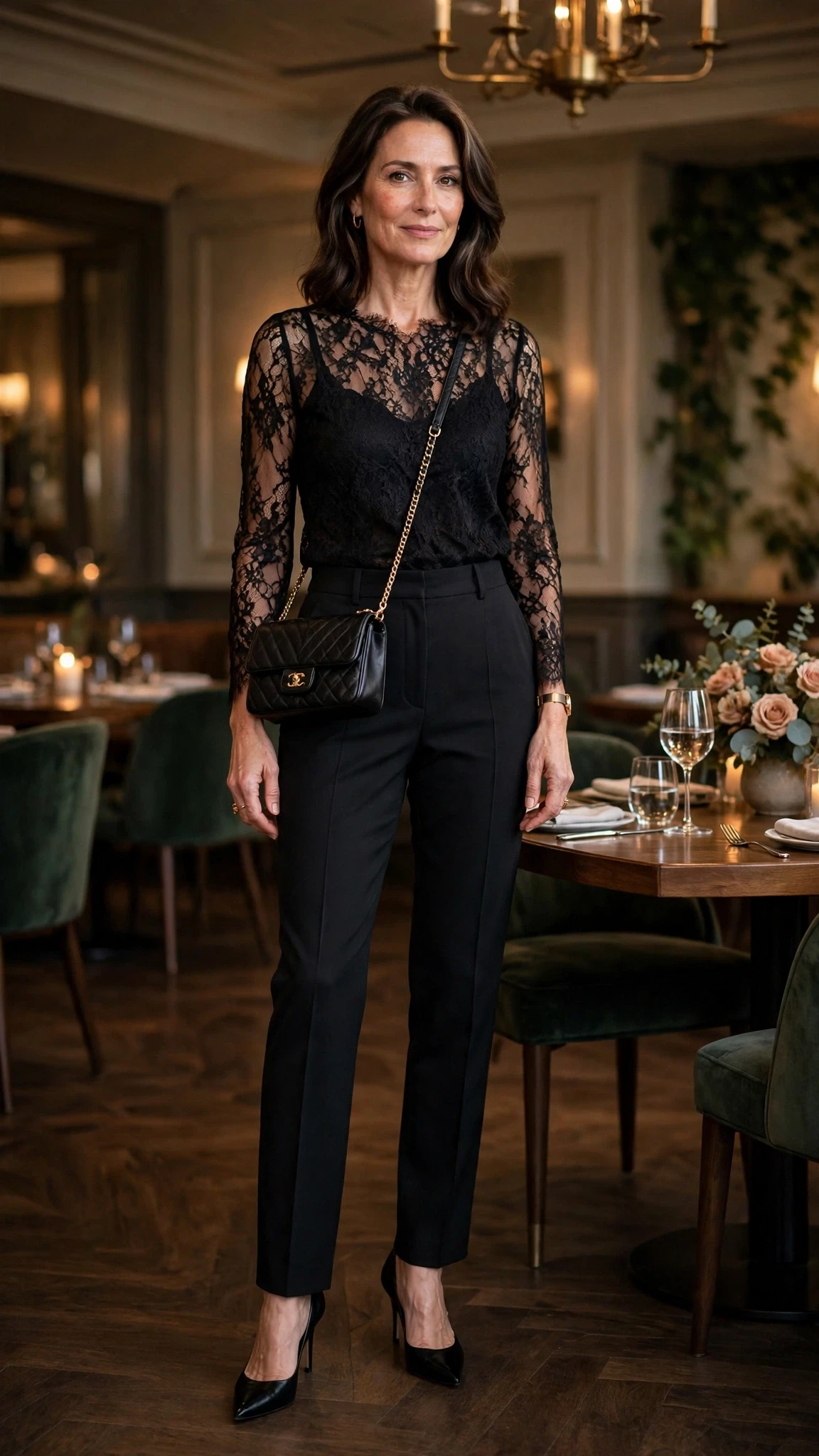 38 Women Over 50 Lace Top and Trouser Outfits for February Evenings That Are Chic, Romantic and Easy to Wear 8 Black lace top and tailored trouser outfit with black pointed heels and a chic crossbody bag