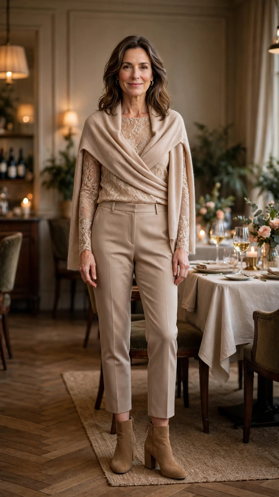 38 Women Over 50 Lace Top and Trouser Outfits for February Evenings That Are Chic, Romantic and Easy to Wear 10 Champagne lace top and cropped trouser outfit with block-heel ankle boots and a cashmere wrap