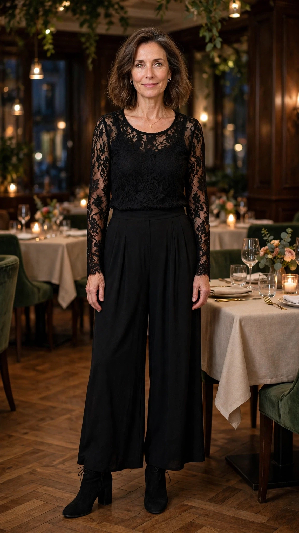 38 Women Over 50 Lace Top and Trouser Outfits for February Evenings That Are Chic, Romantic and Easy to Wear 11 Black lace top and palazzo trouser outfit with block-heel ankle boots and a delicate gold necklace
