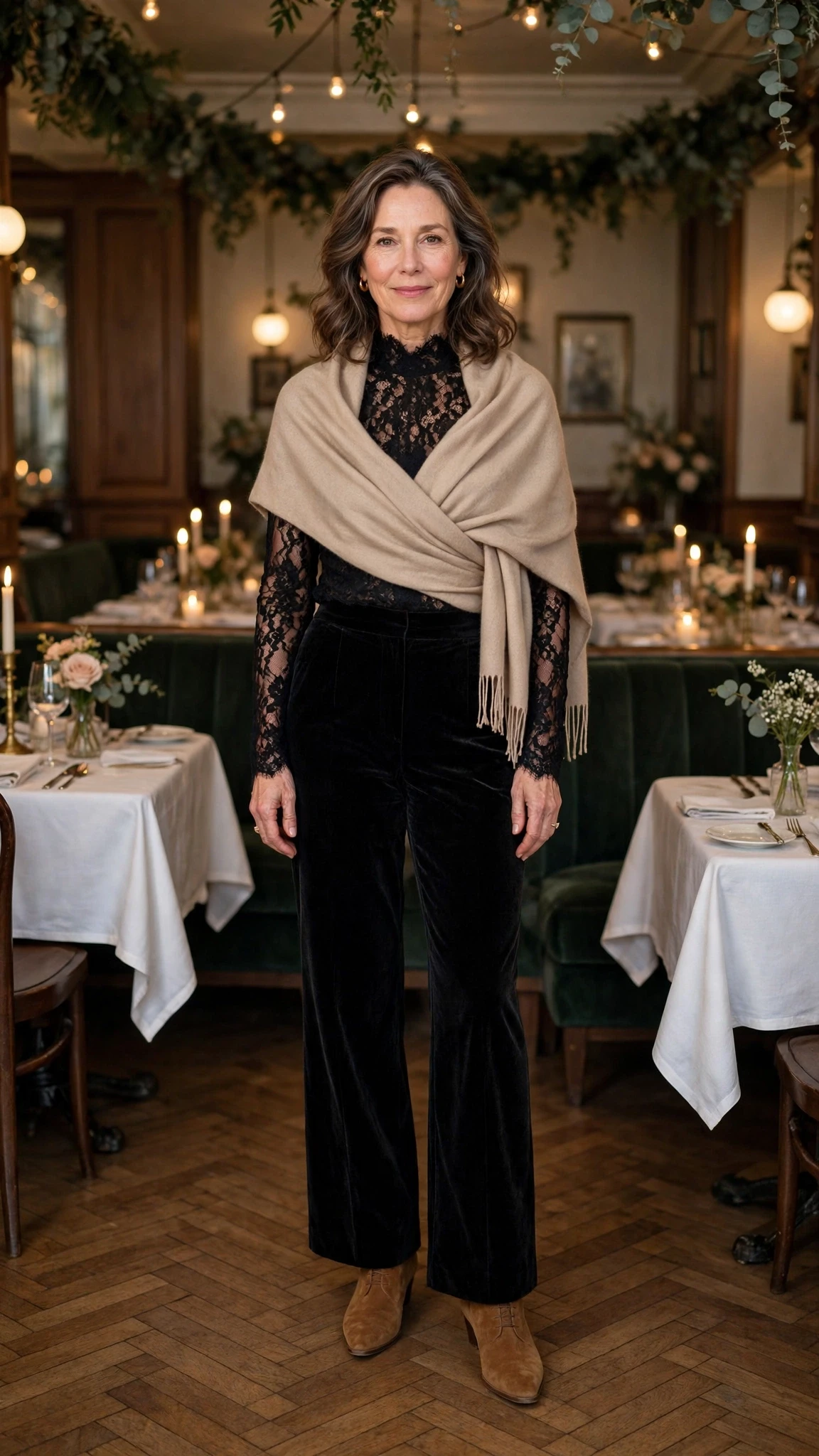 38 Women Over 50 Lace Top and Trouser Outfits for February Evenings That Are Chic, Romantic and Easy to Wear 12 Black lace top and velvet trouser outfit with suede ankle boots and a cashmere wrap
