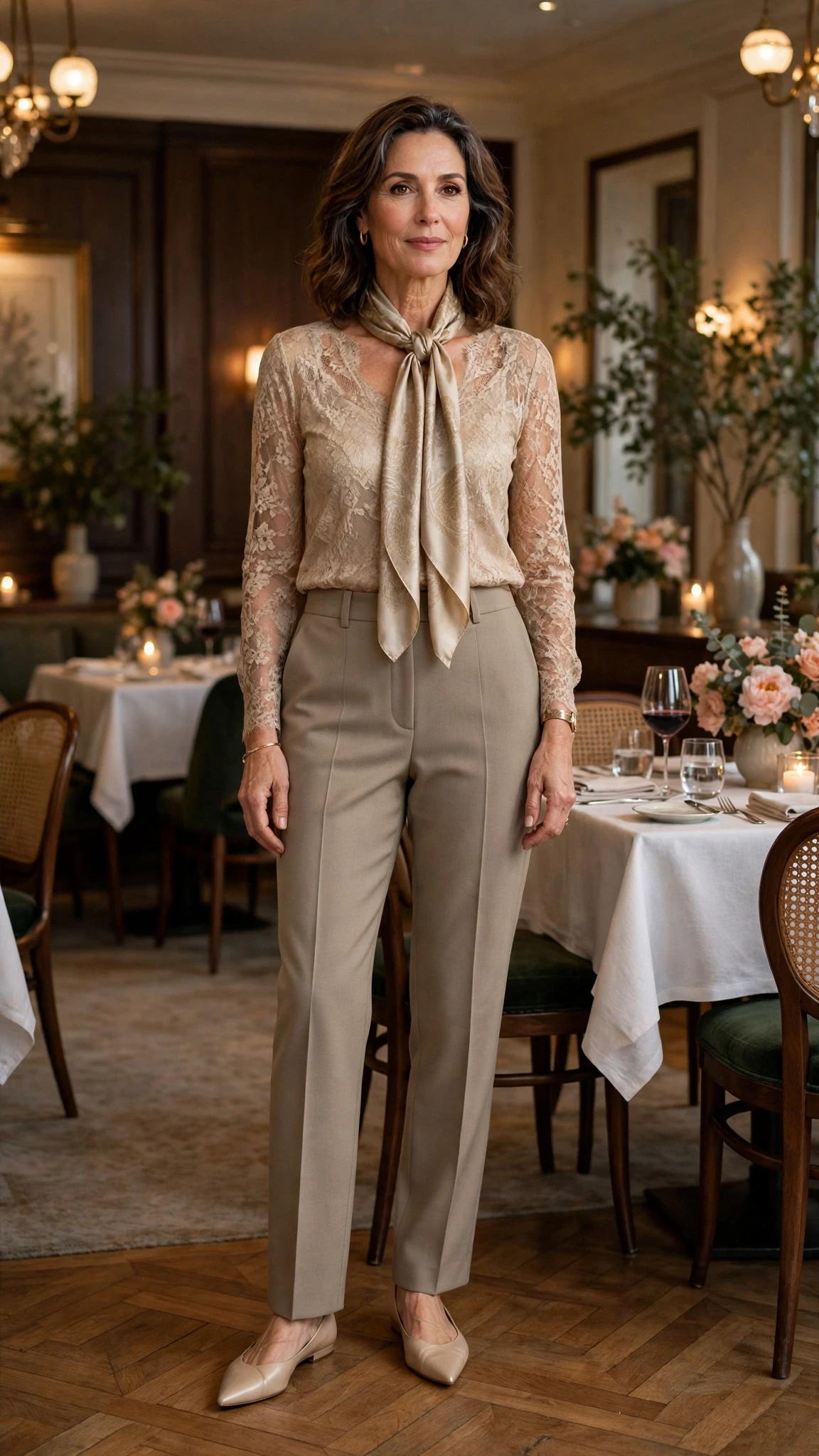 38 Women Over 50 Lace Top and Trouser Outfits for February Evenings That Are Chic, Romantic and Easy to Wear 13 Champagne lace top and tailored trouser outfit with elegant pointed flats and a silk scarf