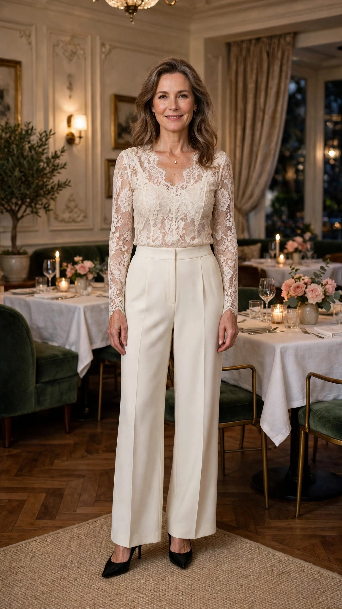 38 Women Over 50 Lace Top and Trouser Outfits for February Evenings That Are Chic, Romantic and Easy to Wear 14 Ivory lace top and crepe trouser outfit with black pointed heels and a delicate gold necklace