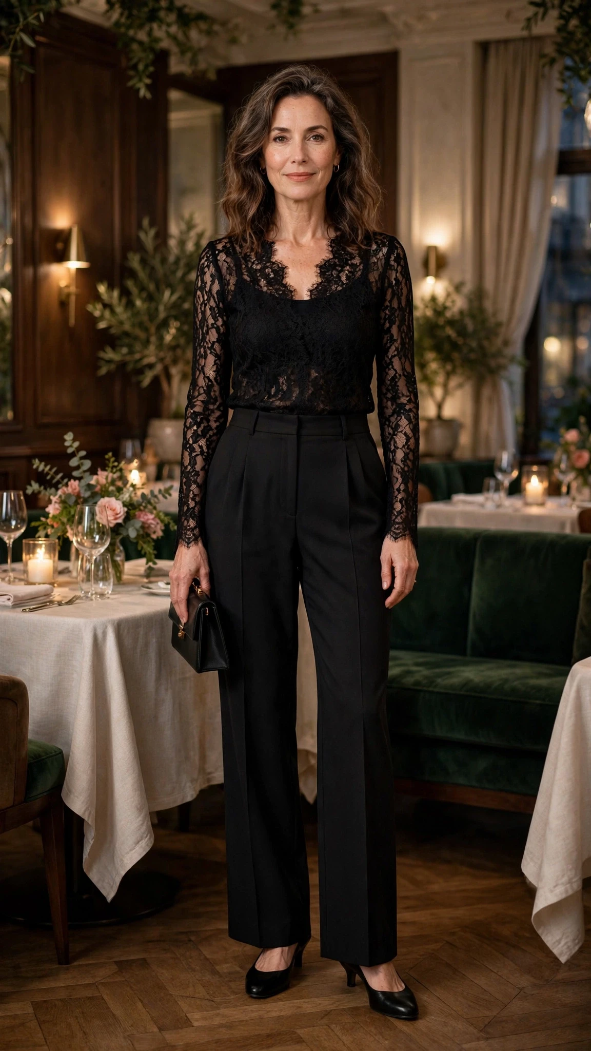38 Women Over 50 Lace Top and Trouser Outfits for February Evenings That Are Chic, Romantic and Easy to Wear 15 Black lace top and high-waisted trouser outfit with low-heeled pumps and a small structured clutch