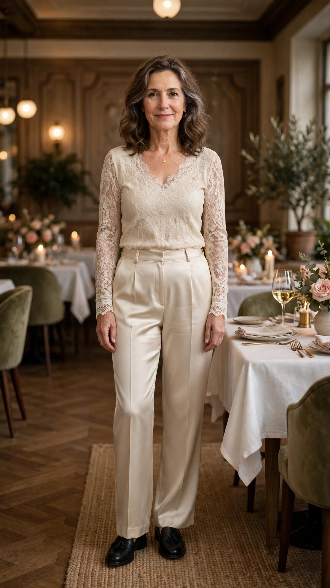 38 Women Over 50 Lace Top and Trouser Outfits for February Evenings That Are Chic, Romantic and Easy to Wear 16 Cream lace top and satin trouser outfit with smart loafers and a delicate gold necklace
