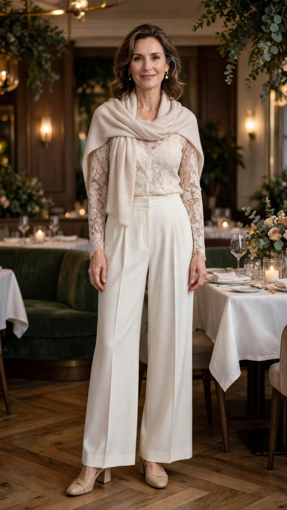 38 Women Over 50 Lace Top and Trouser Outfits for February Evenings That Are Chic, Romantic and Easy to Wear 18 Ivory lace top and wide-leg trouser outfit with comfortable block heels and a cashmere wrap