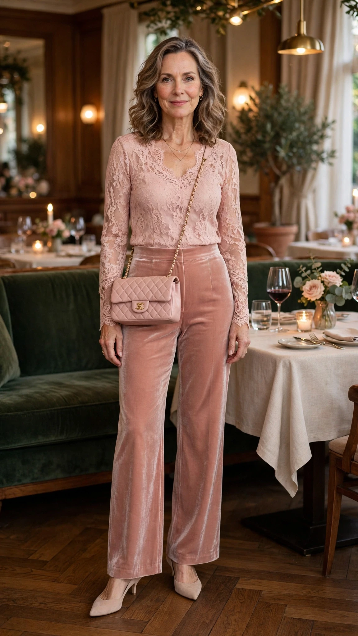 38 Women Over 50 Lace Top and Trouser Outfits for February Evenings That Are Chic, Romantic and Easy to Wear 19 Blush lace top and velvet trouser outfit with kitten heels and a chic crossbody bag