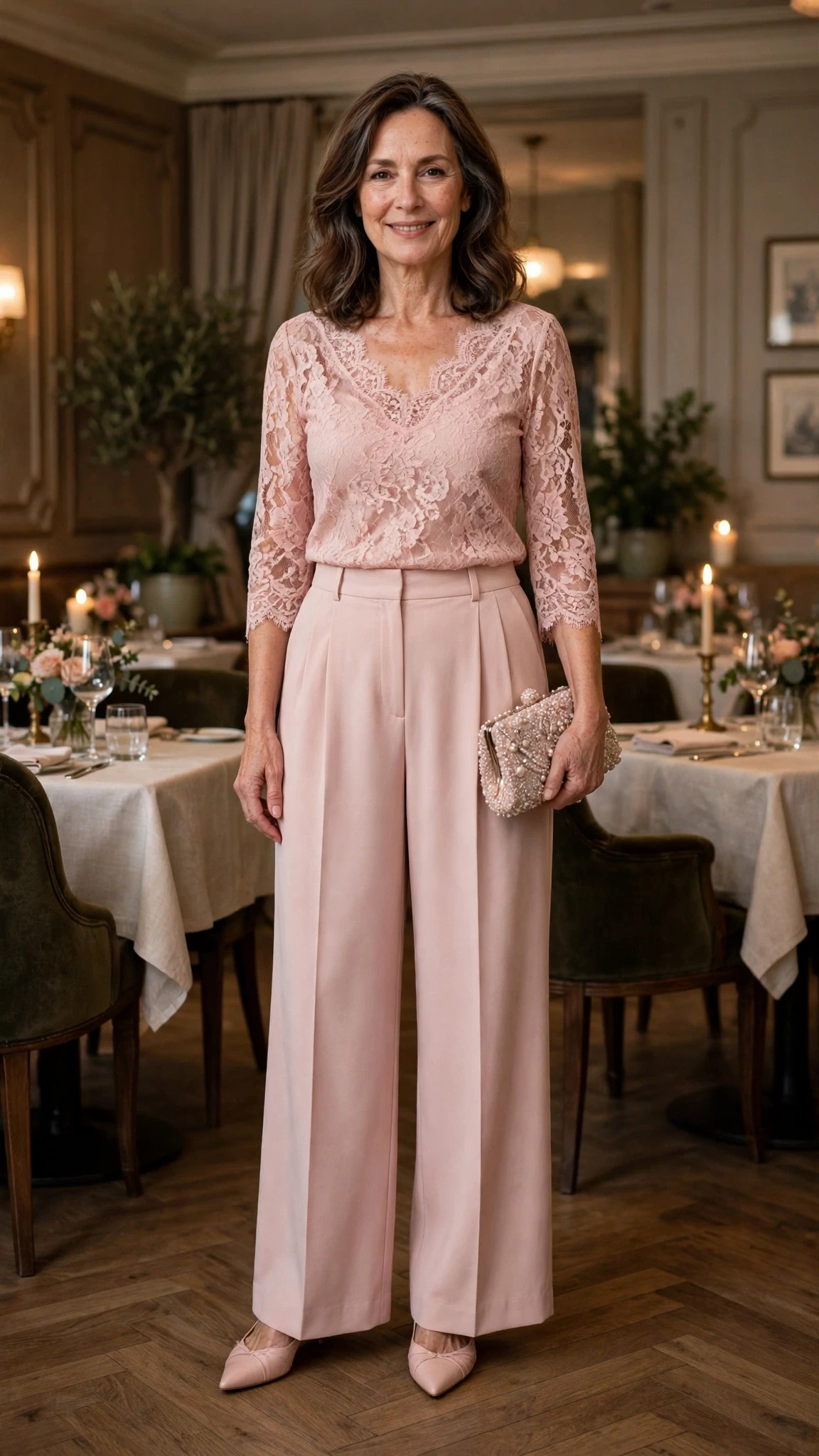 38 Women Over 50 Lace Top and Trouser Outfits for February Evenings That Are Chic, Romantic and Easy to Wear 23 Blush lace top and wide-leg trouser outfit with elegant pointed flats and a beaded clutch