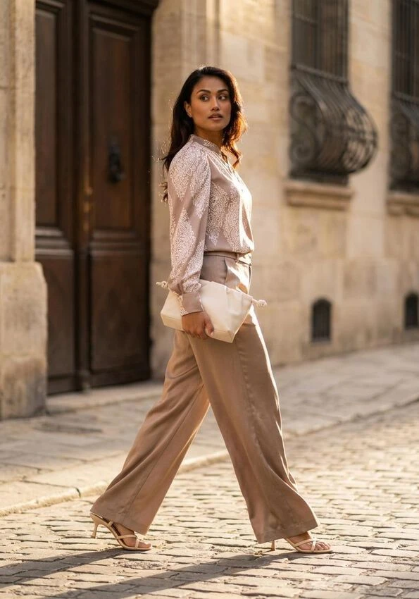 38 Women Over 50 Lace Top and Trouser Outfits for February Evenings That Are Chic, Romantic and Easy to Wear 25 Blush lace top and straight trouser outfit with elegant pointed flats and a cashmere wrap