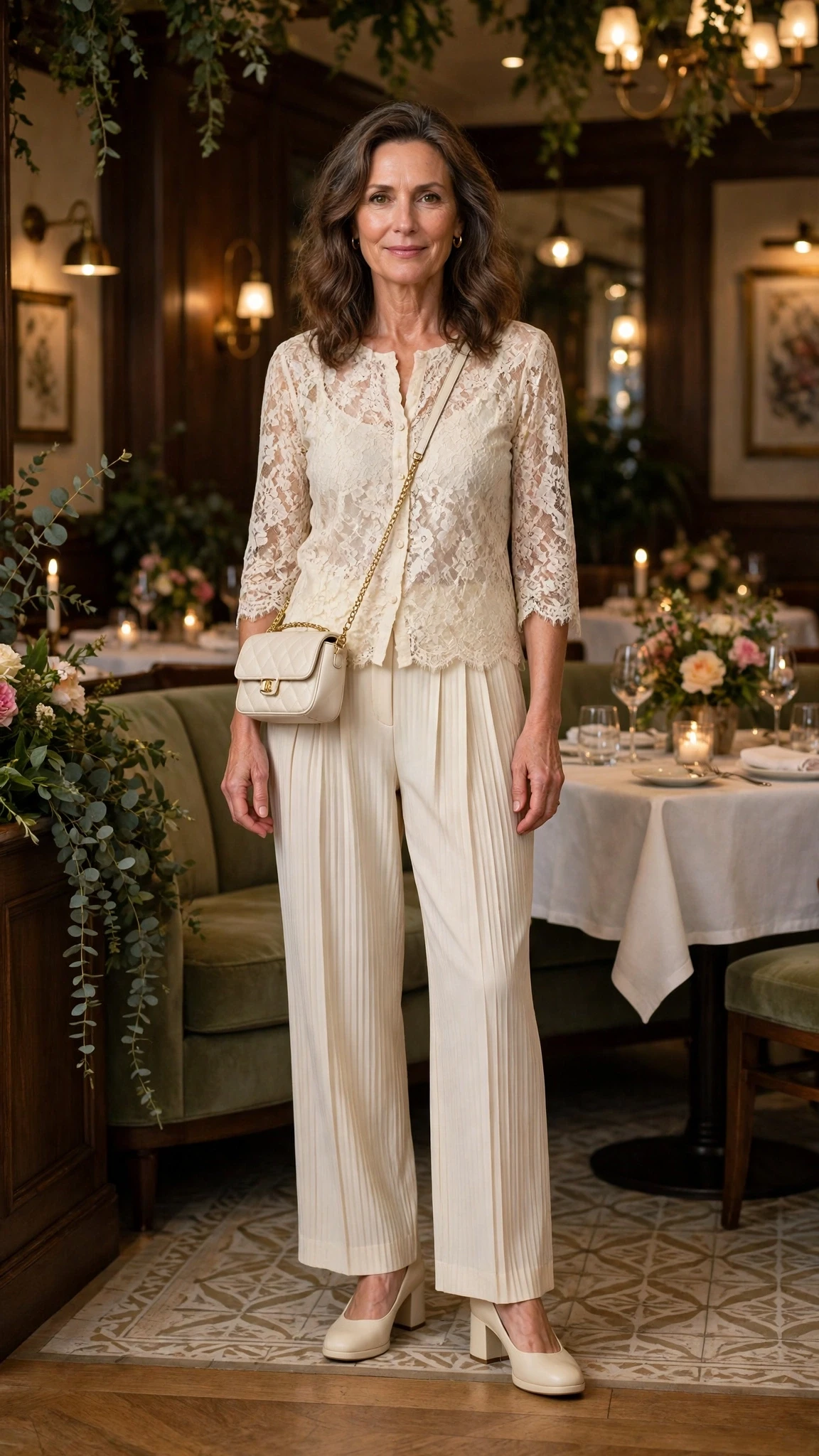 38 Women Over 50 Lace Top and Trouser Outfits for February Evenings That Are Chic, Romantic and Easy to Wear 26 Cream lace top and pleated trouser outfit with comfortable block heels and a chic crossbody bag