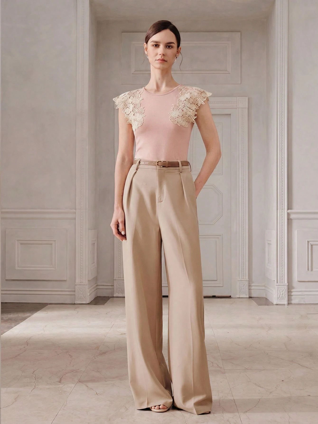 38 Women Over 50 Lace Top and Trouser Outfits for February Evenings That Are Chic, Romantic and Easy to Wear 27 Blush lace top and pleated trouser outfit with low-heeled pumps and a pearl bracelet