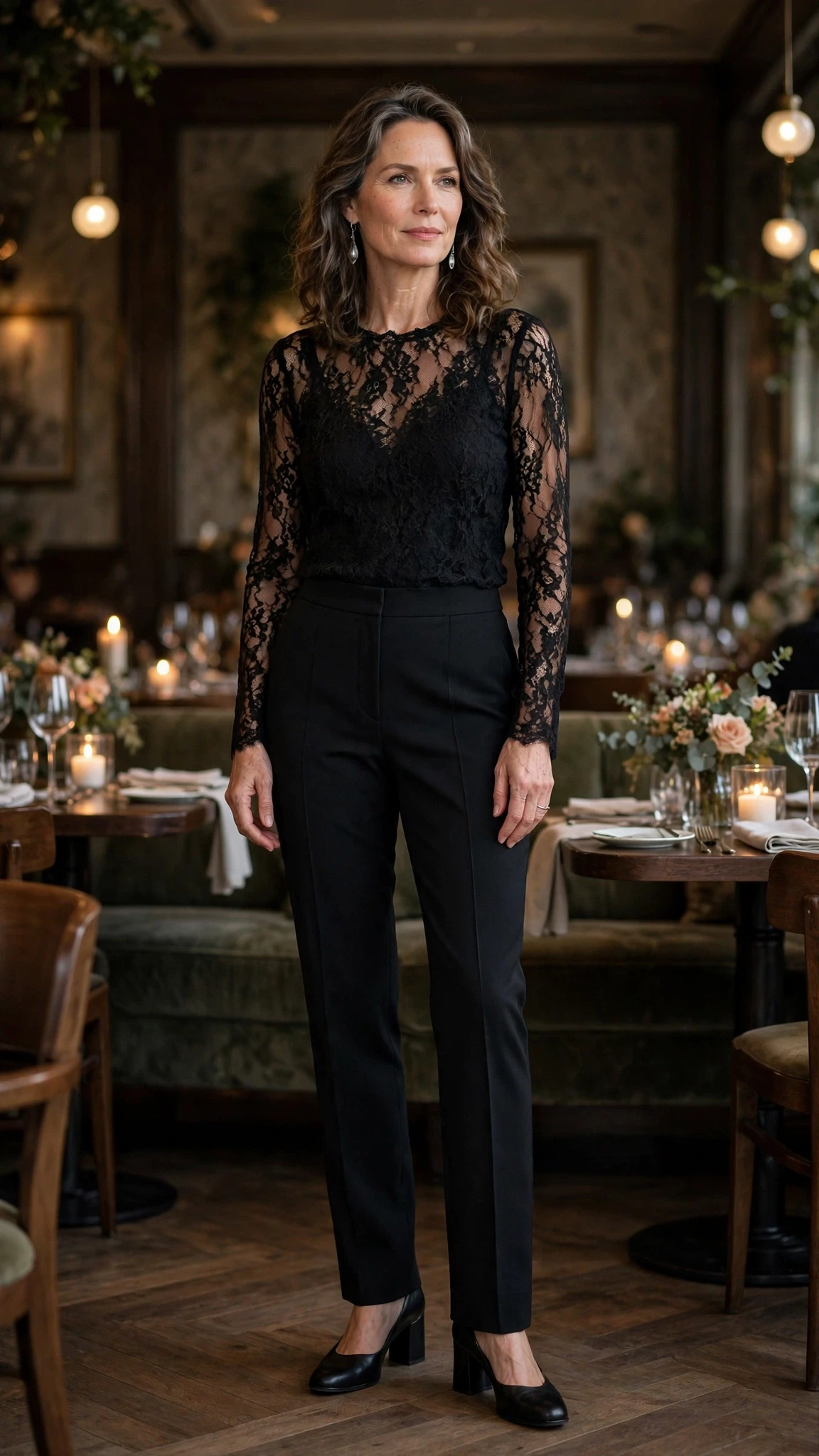 38 Women Over 50 Lace Top and Trouser Outfits for February Evenings That Are Chic, Romantic and Easy to Wear 28 Black lace top and tailored trouser outfit with comfortable block heels and silver drop earrings