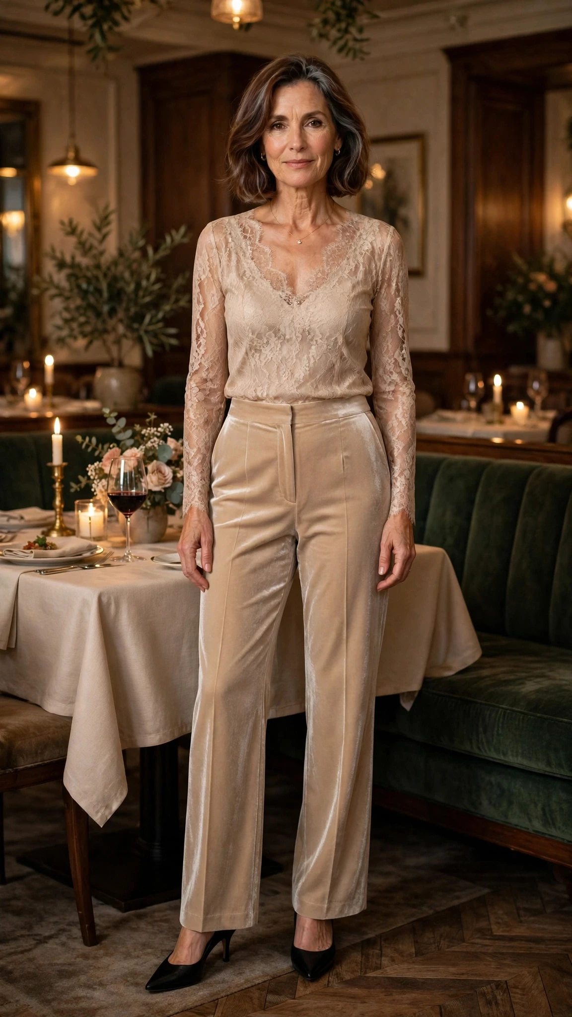 38 Women Over 50 Lace Top and Trouser Outfits for February Evenings That Are Chic, Romantic and Easy to Wear 29 Champagne lace top and velvet trouser outfit with black pointed heels and a delicate gold necklace