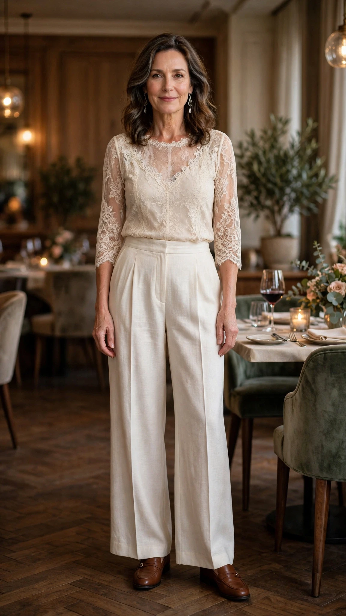 38 Women Over 50 Lace Top and Trouser Outfits for February Evenings That Are Chic, Romantic and Easy to Wear 30 Cream lace top and wide-leg trouser outfit with smart loafers and silver drop earrings
