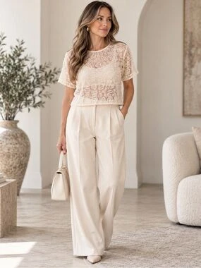 38 Women Over 50 Lace Top and Trouser Outfits for February Evenings That Are Chic, Romantic and Easy to Wear 31 Ivory lace top and straight trouser outfit with pointed mules and a cashmere wrap