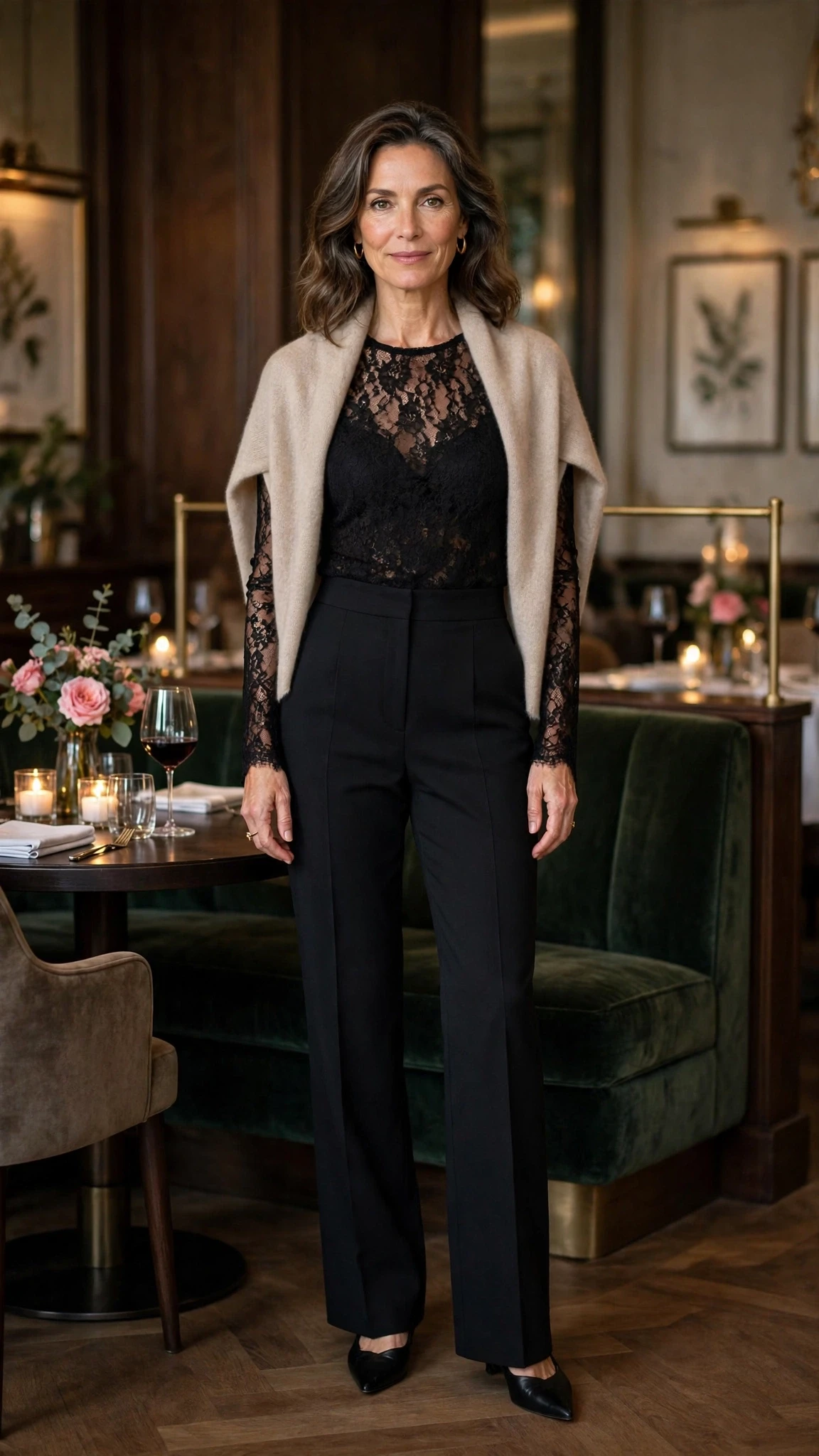 38 Women Over 50 Lace Top and Trouser Outfits for February Evenings That Are Chic, Romantic and Easy to Wear 32 Black lace top and high-waisted trouser outfit with elegant pointed flats and a cashmere wrap