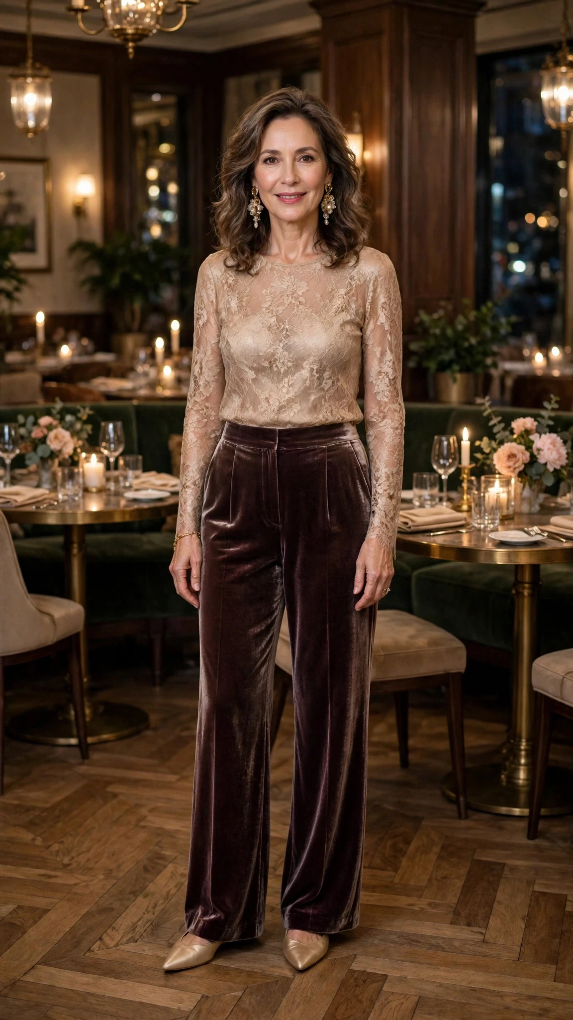 38 Women Over 50 Lace Top and Trouser Outfits for February Evenings That Are Chic, Romantic and Easy to Wear 33 Champagne lace top and velvet trouser outfit with elegant pointed flats and statement earrings