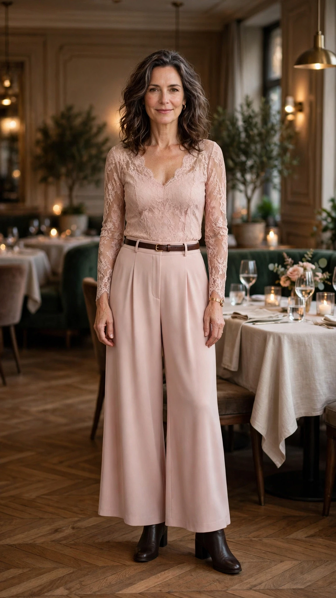 38 Women Over 50 Lace Top and Trouser Outfits for February Evenings That Are Chic, Romantic and Easy to Wear 36 Blush lace top and palazzo trouser outfit with block-heel ankle boots and a slim leather belt