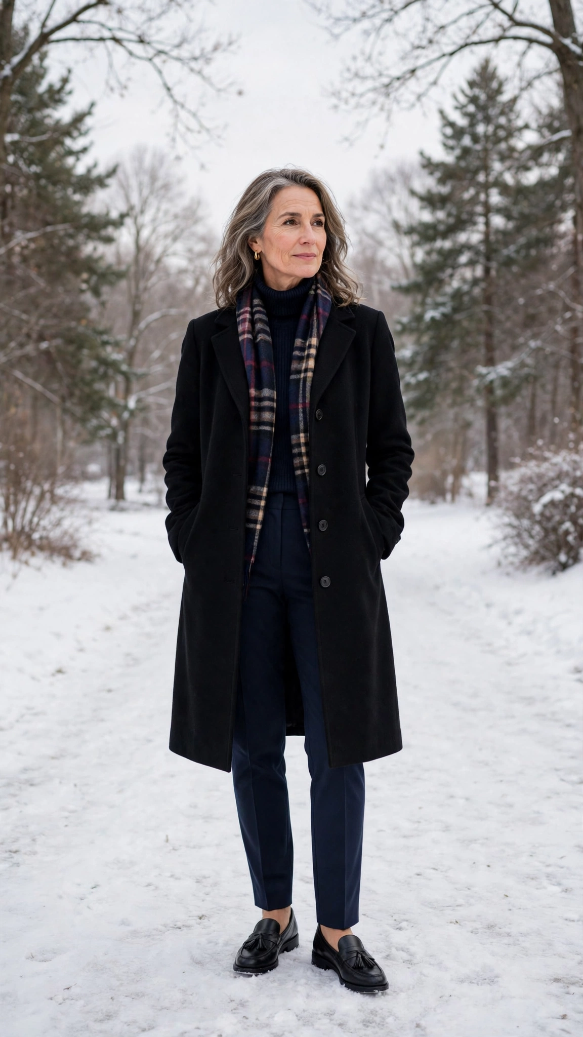 40 Women over 50 scarf and coat layering outfits for snowy walks That Are Chic, Warm and Elegant 2 Plaid scarf with a black coat, navy trousers with ankle boots and classic loafers