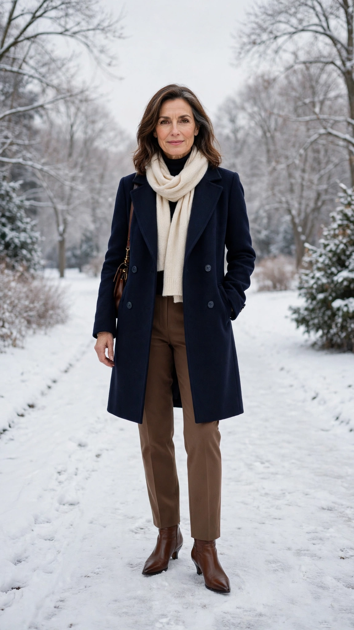 40 Women over 50 scarf and coat layering outfits for snowy walks That Are Chic, Warm and Elegant 3 Cream scarf with a navy coat, brown trousers with ankle boots and elegant pointed flats