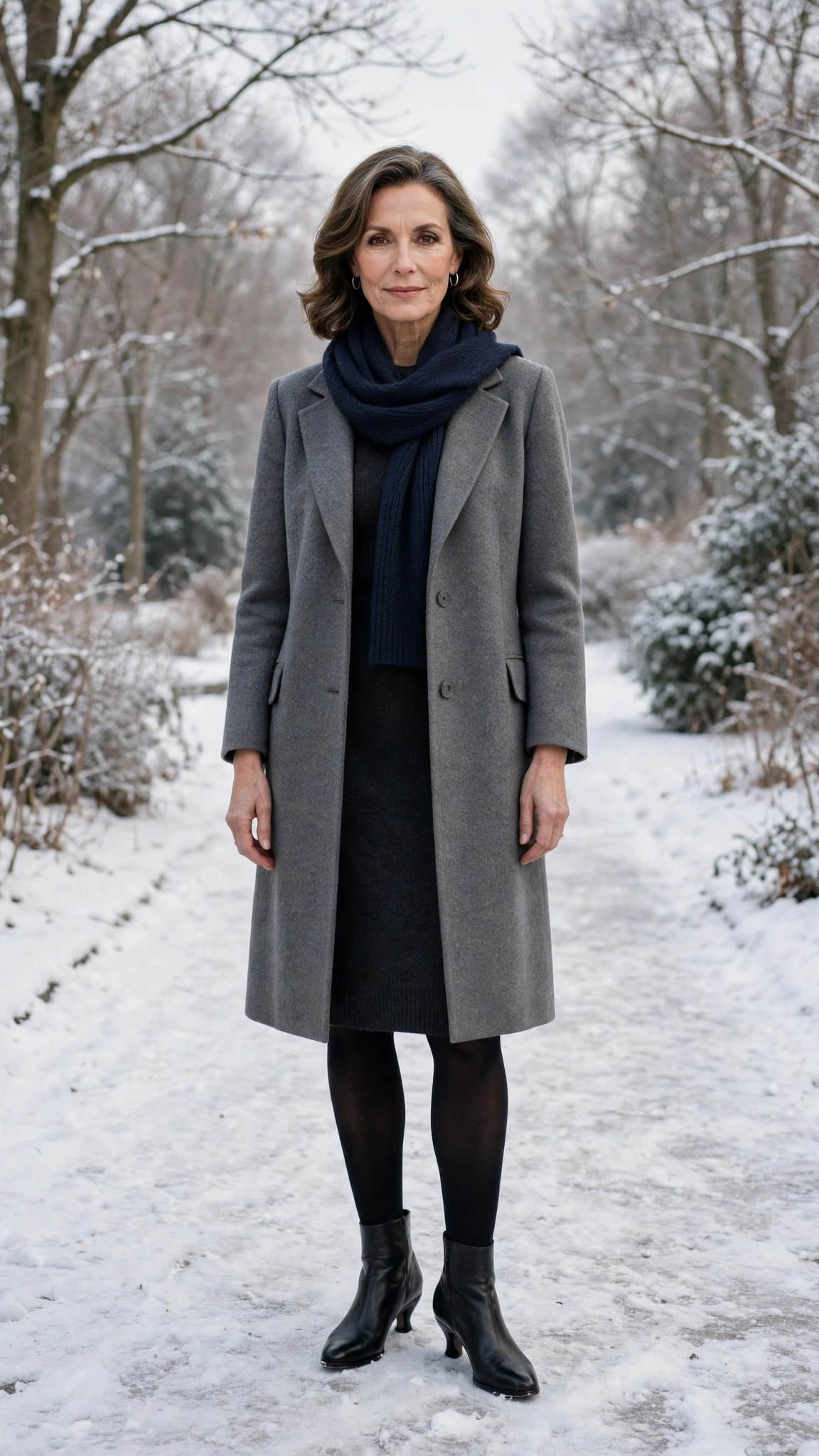 40 Women over 50 scarf and coat layering outfits for snowy walks That Are Chic, Warm and Elegant 4 Navy scarf with a grey coat, dark knit dress with tights and boots and low-heeled pumps