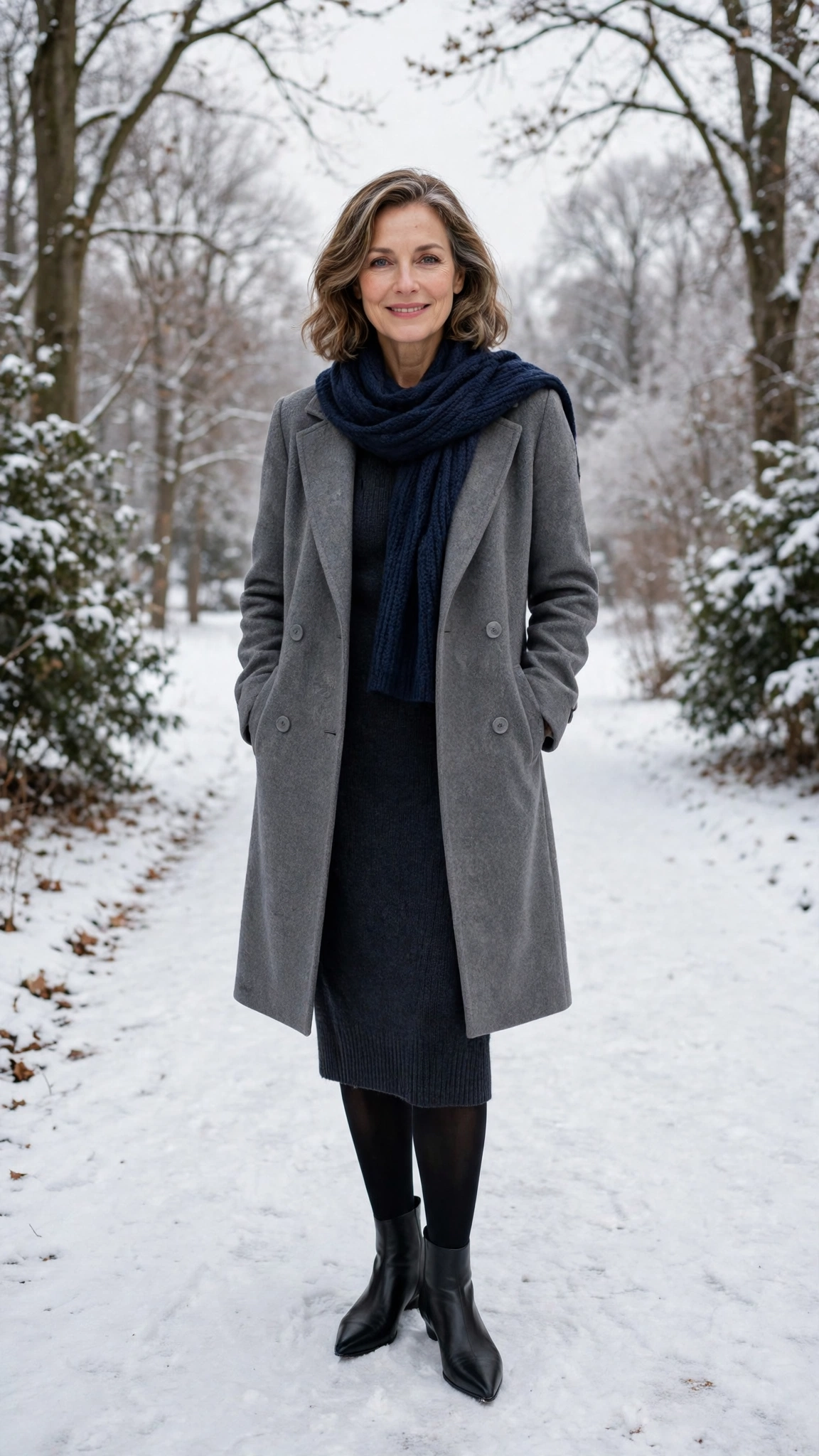 40 Women over 50 scarf and coat layering outfits for snowy walks That Are Chic, Warm and Elegant 5 Navy scarf with a grey coat, dark knit dress with tights and boots and elegant pointed flats