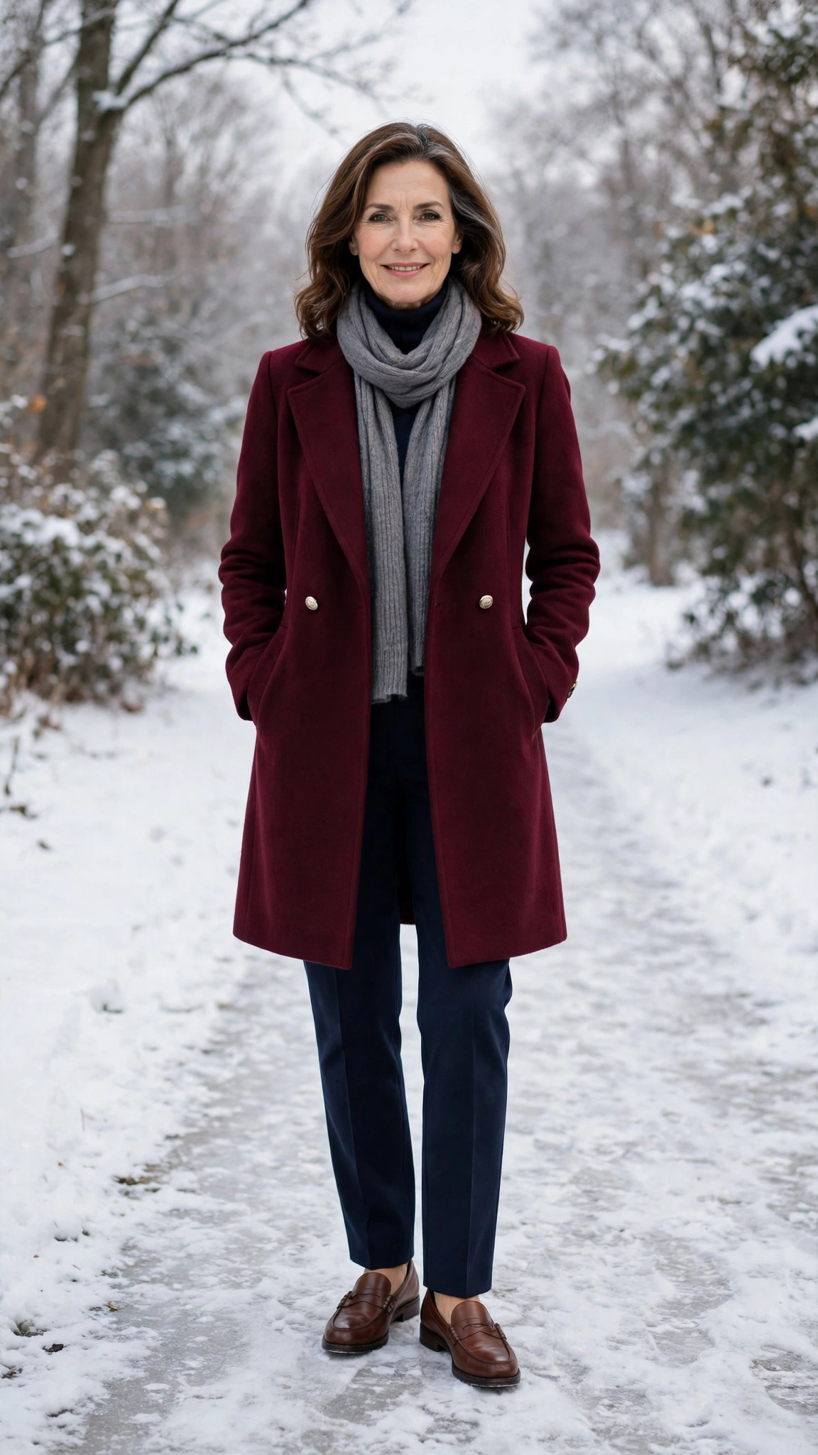 40 Women over 50 scarf and coat layering outfits for snowy walks That Are Chic, Warm and Elegant 6 Grey scarf with a burgundy coat, navy trousers with ankle boots and classic loafers