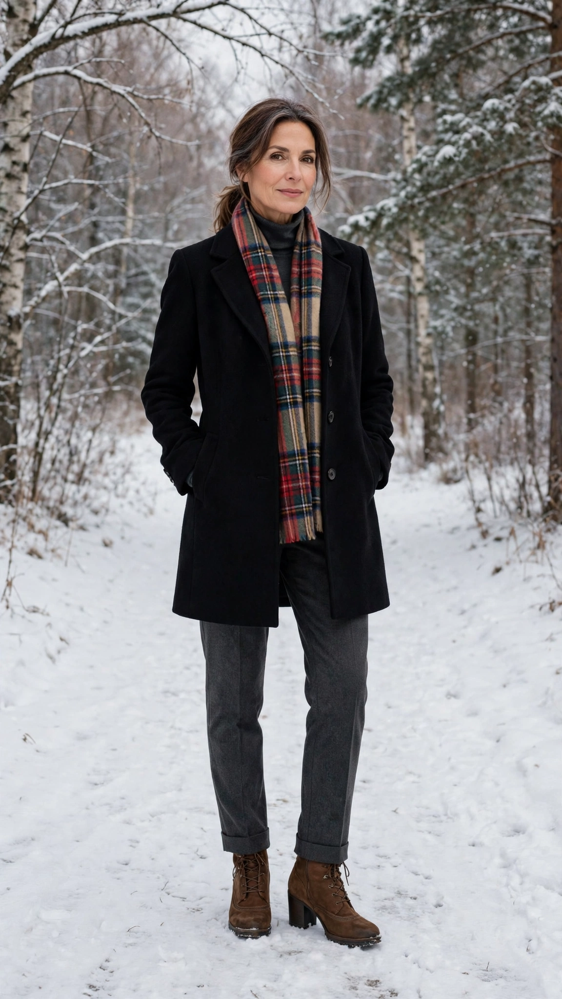 40 Women over 50 scarf and coat layering outfits for snowy walks That Are Chic, Warm and Elegant 7 Plaid scarf with a black coat, charcoal trousers with walking boots and block-heel ankle boots