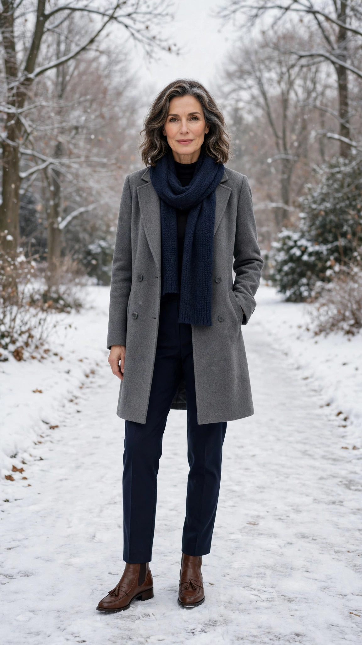 40 Women over 50 scarf and coat layering outfits for snowy walks That Are Chic, Warm and Elegant 8 Navy scarf with a grey coat, navy trousers with ankle boots and classic loafers
