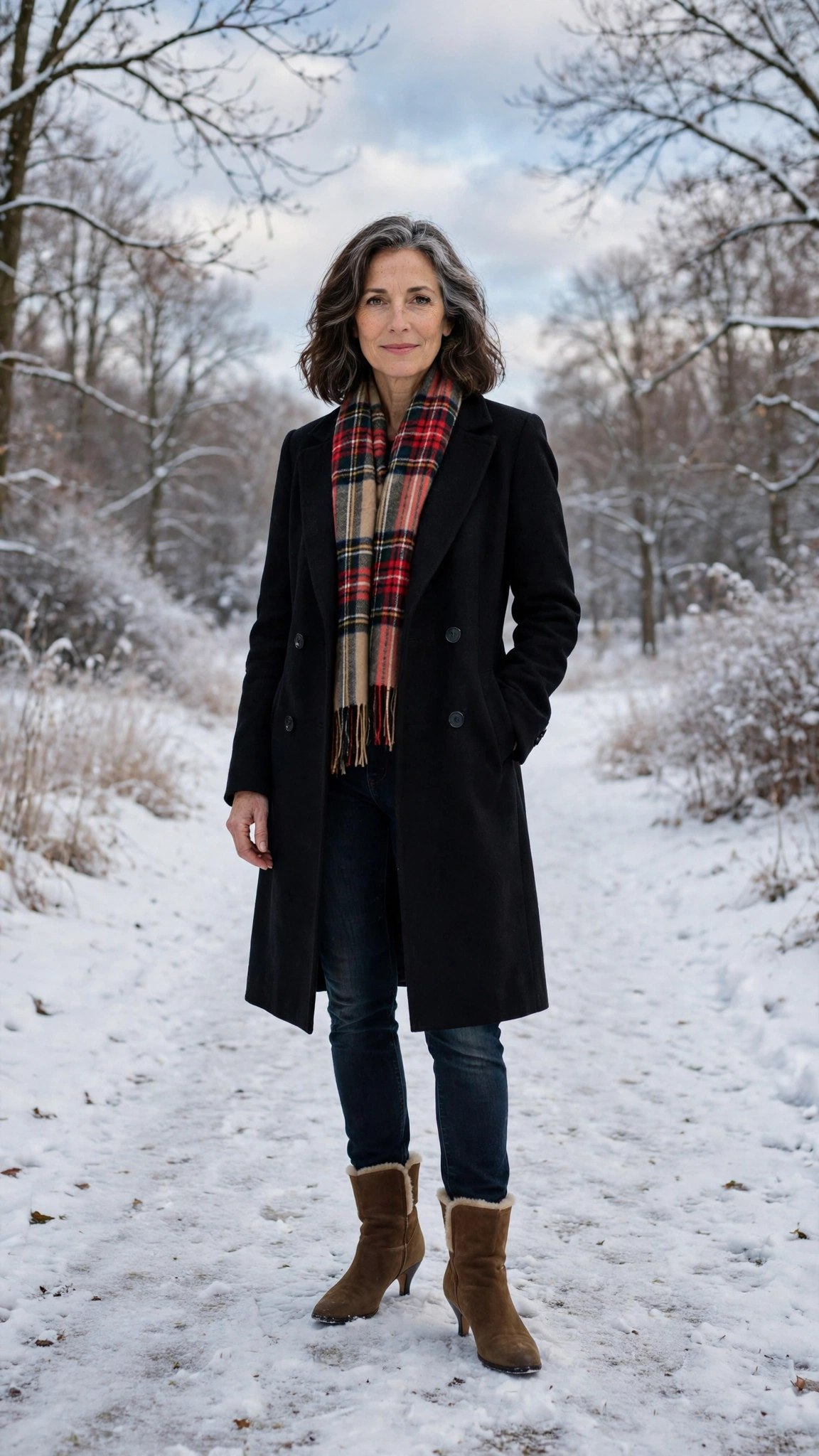 40 Women over 50 scarf and coat layering outfits for snowy walks That Are Chic, Warm and Elegant 10 Plaid scarf with a black coat, dark jeans with warm boots and kitten heels