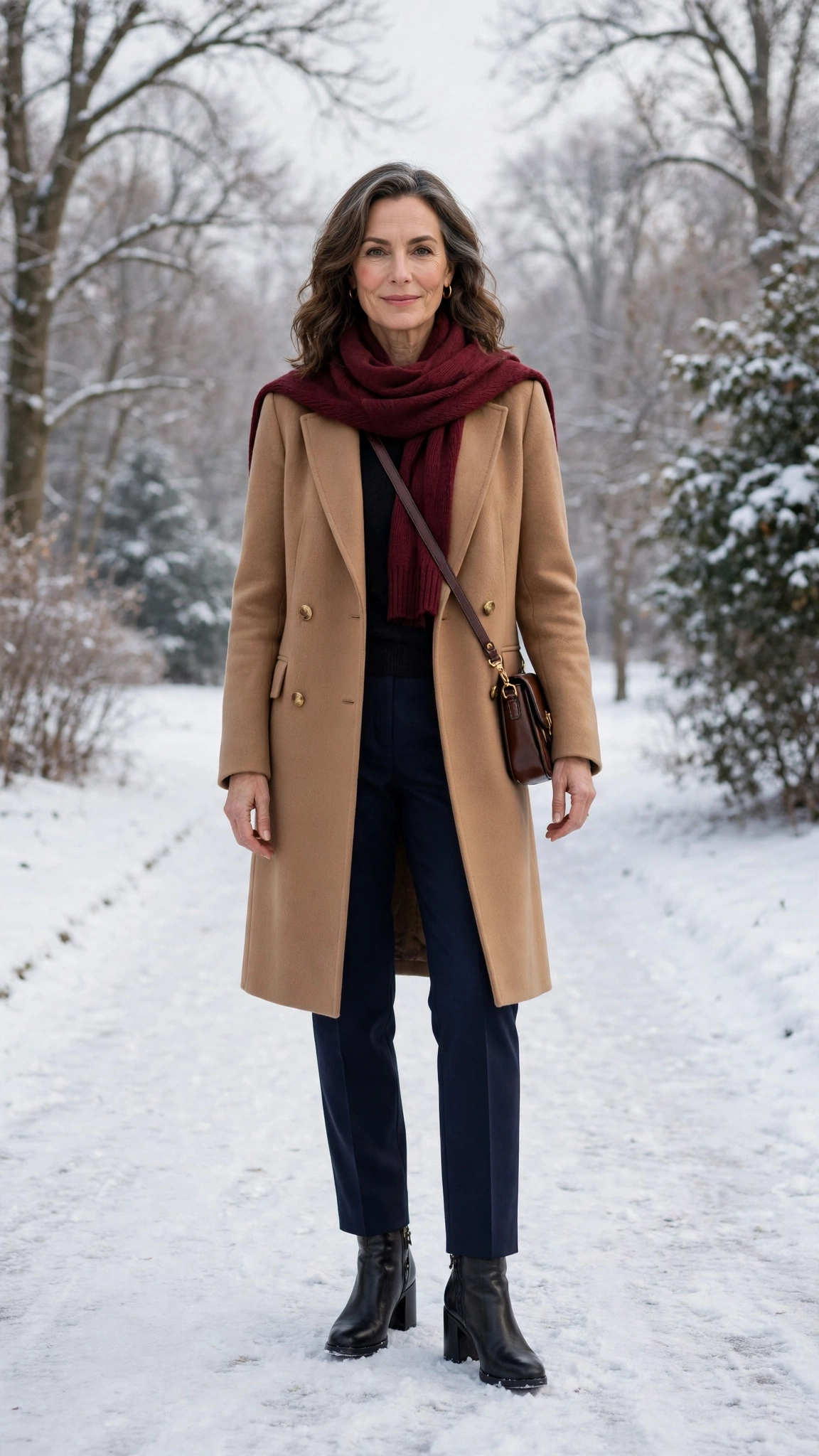 40 Women over 50 scarf and coat layering outfits for snowy walks That Are Chic, Warm and Elegant 11 Burgundy scarf with a camel coat, navy trousers with ankle boots and block-heel ankle boots