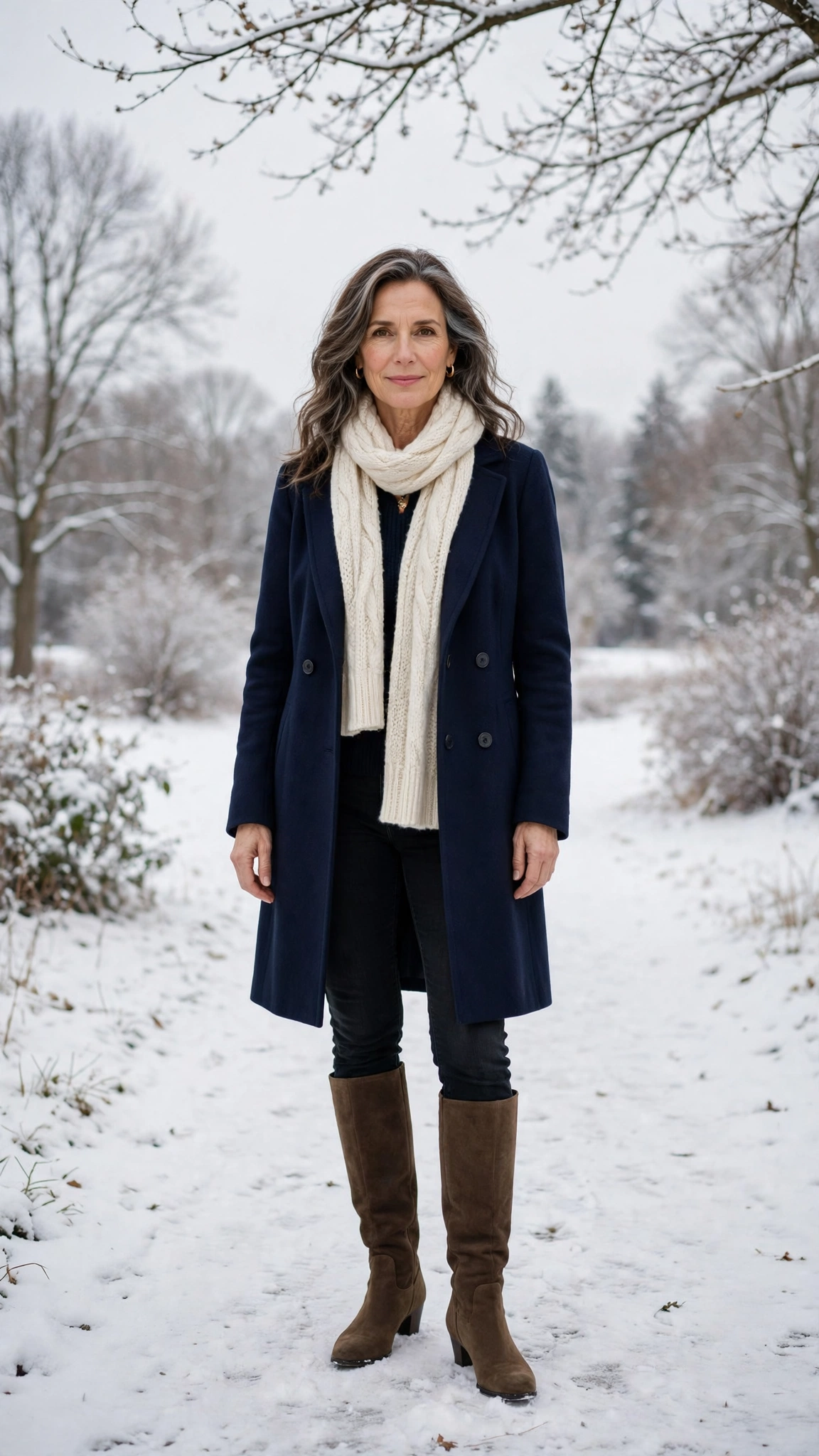 40 Women over 50 scarf and coat layering outfits for snowy walks That Are Chic, Warm and Elegant 12 Cream scarf with a navy coat, black jeans with tall boots and low-heeled pumps