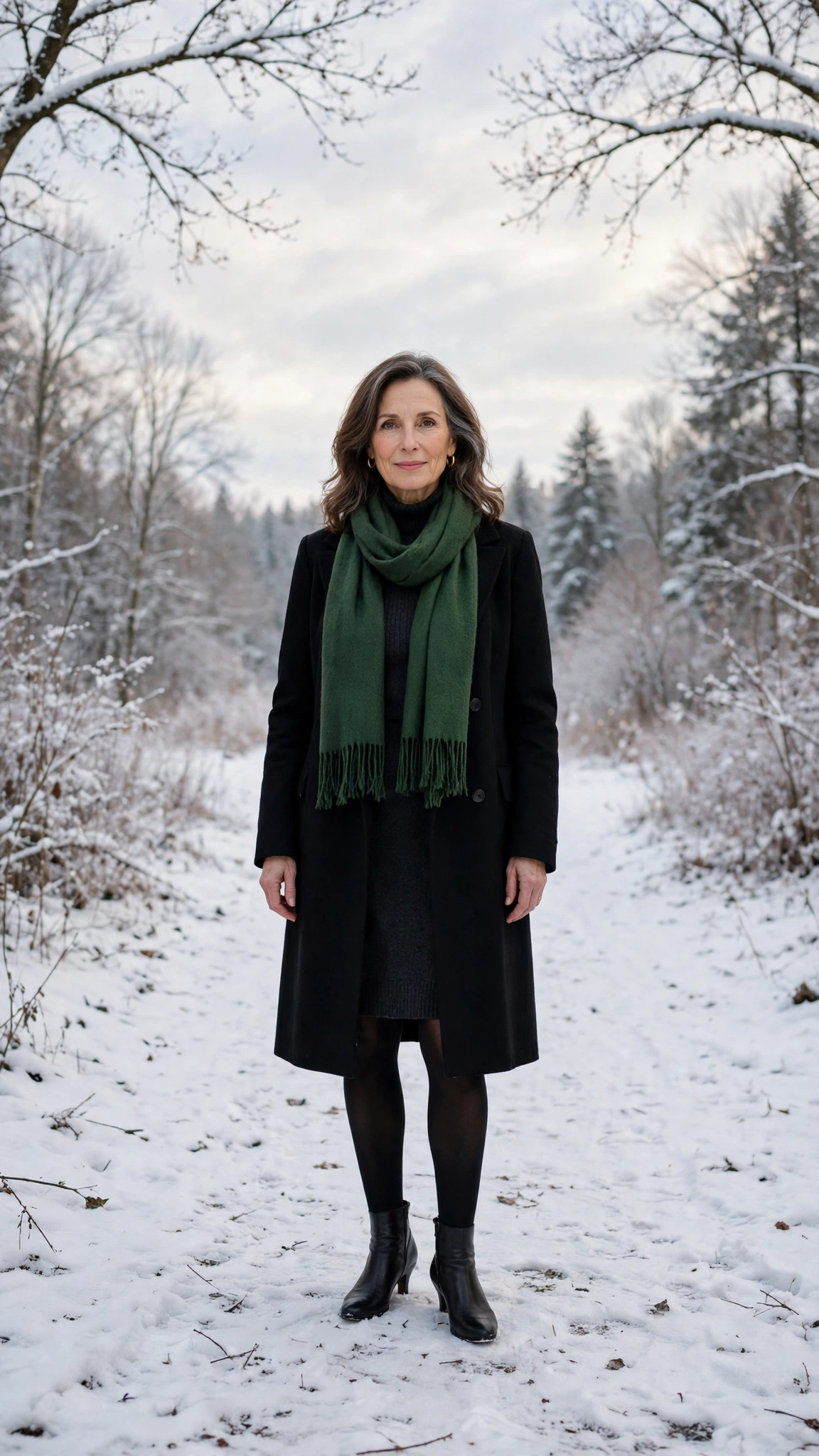 40 Women over 50 scarf and coat layering outfits for snowy walks That Are Chic, Warm and Elegant 13 Forest green scarf with a black coat, dark knit dress with tights and boots and low-heeled pumps
