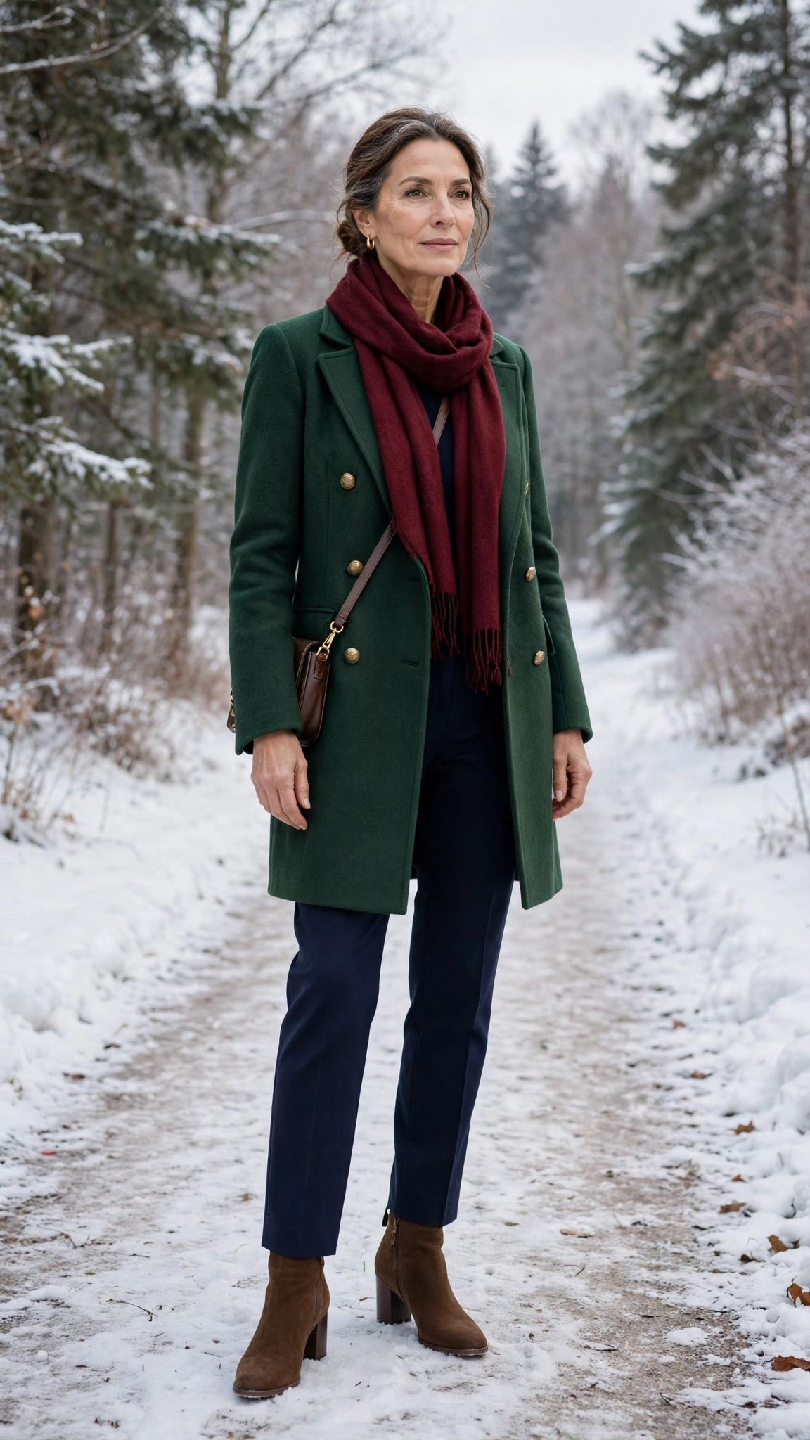 40 Women over 50 scarf and coat layering outfits for snowy walks That Are Chic, Warm and Elegant 14 Wine scarf with a forest green coat, navy trousers with ankle boots and block-heel ankle boots