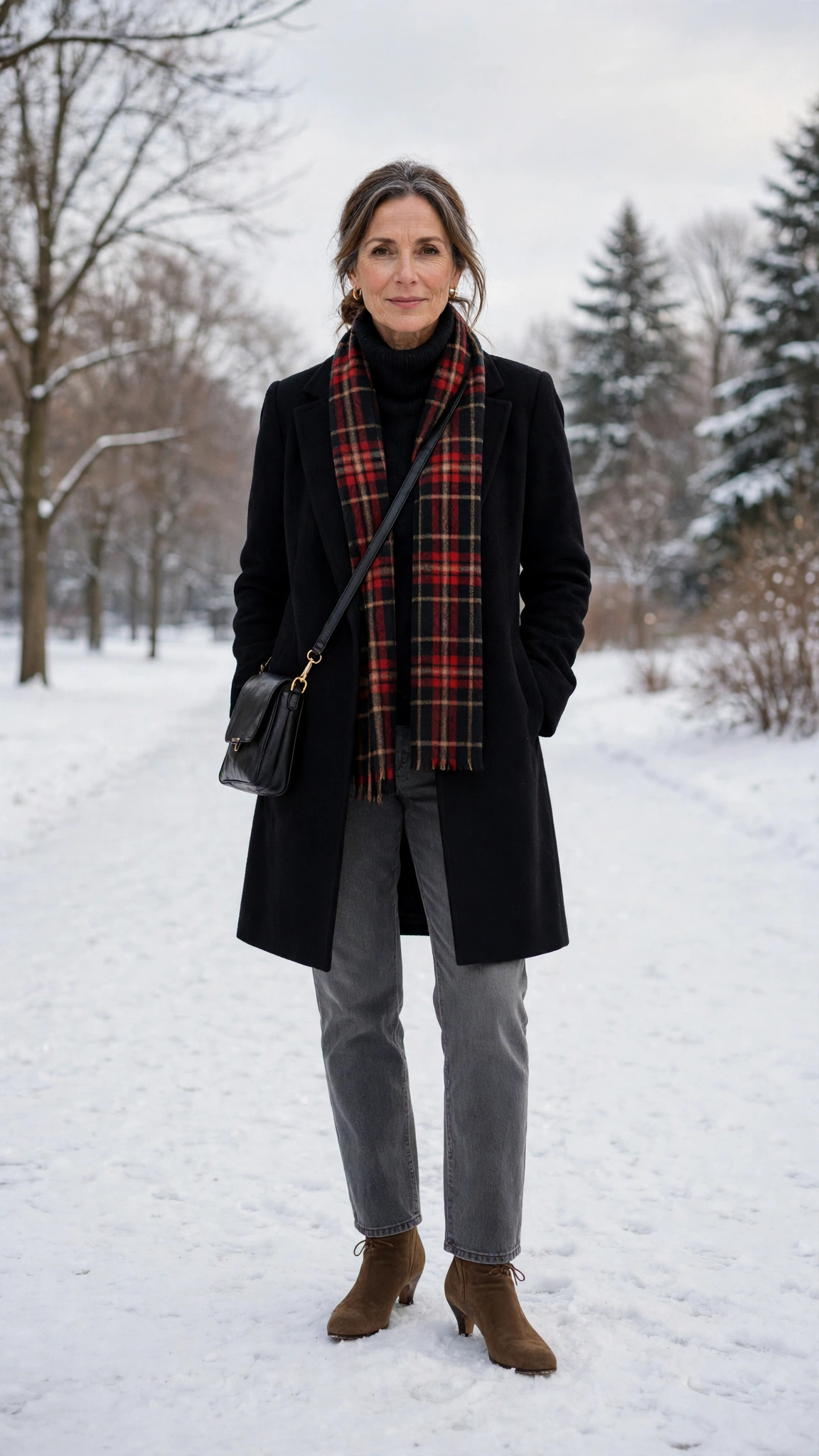40 Women over 50 scarf and coat layering outfits for snowy walks That Are Chic, Warm and Elegant 15 Plaid scarf with a black coat, grey jeans with suede boots and low-heeled pumps