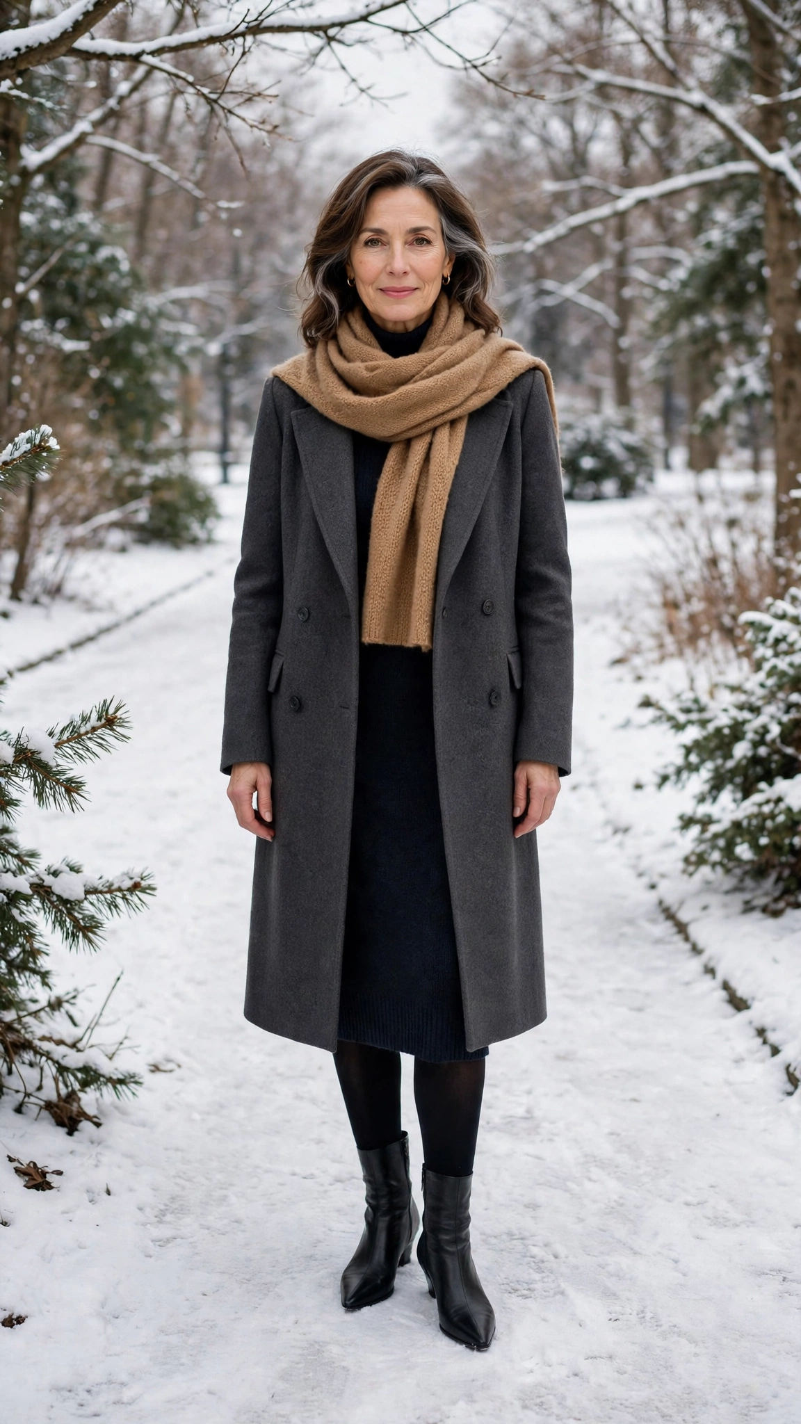 40 Women over 50 scarf and coat layering outfits for snowy walks That Are Chic, Warm and Elegant 16 Camel scarf with a charcoal coat, dark knit dress with tights and boots and elegant pointed flats