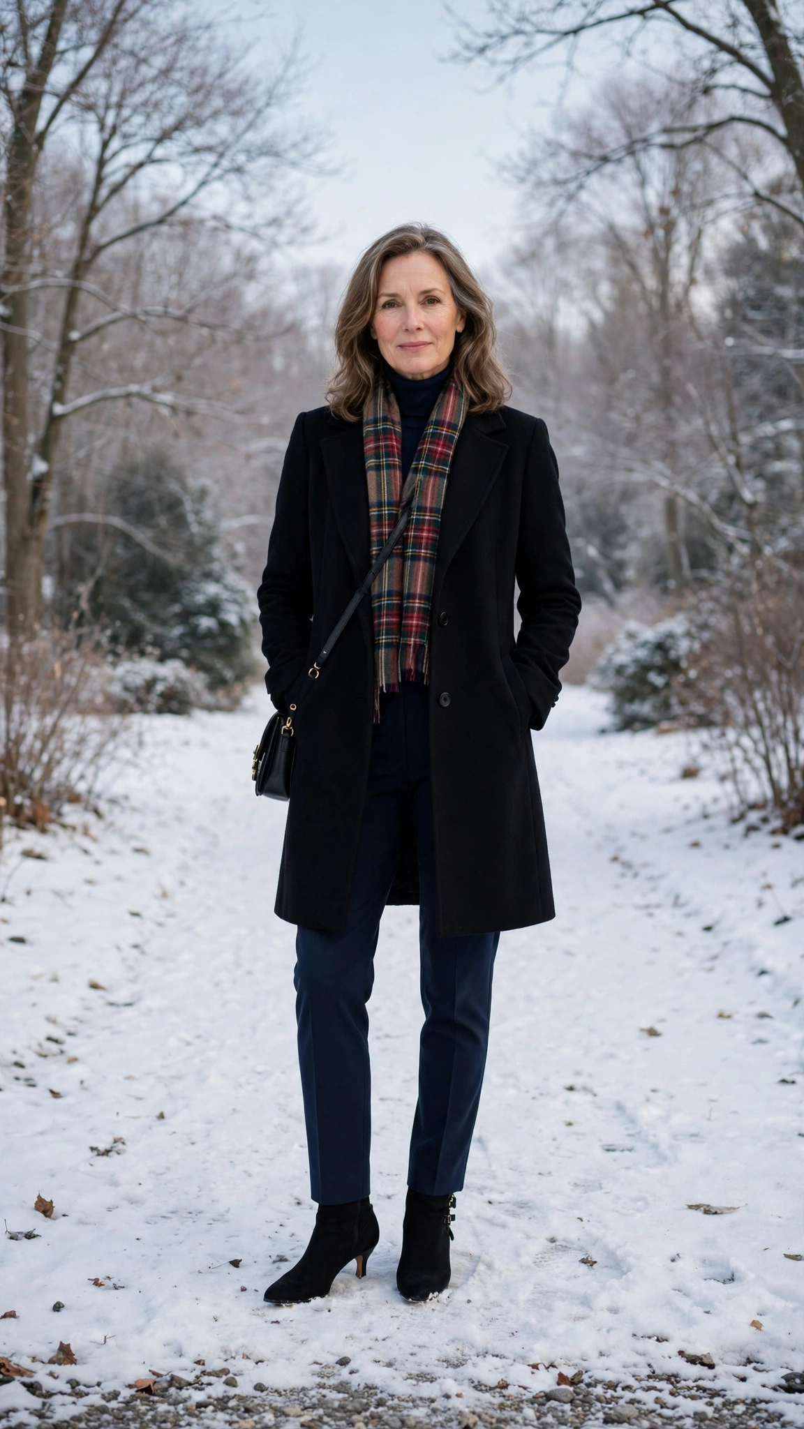 40 Women over 50 scarf and coat layering outfits for snowy walks That Are Chic, Warm and Elegant 17 Plaid scarf with a black coat, navy trousers with ankle boots and low-heeled pumps