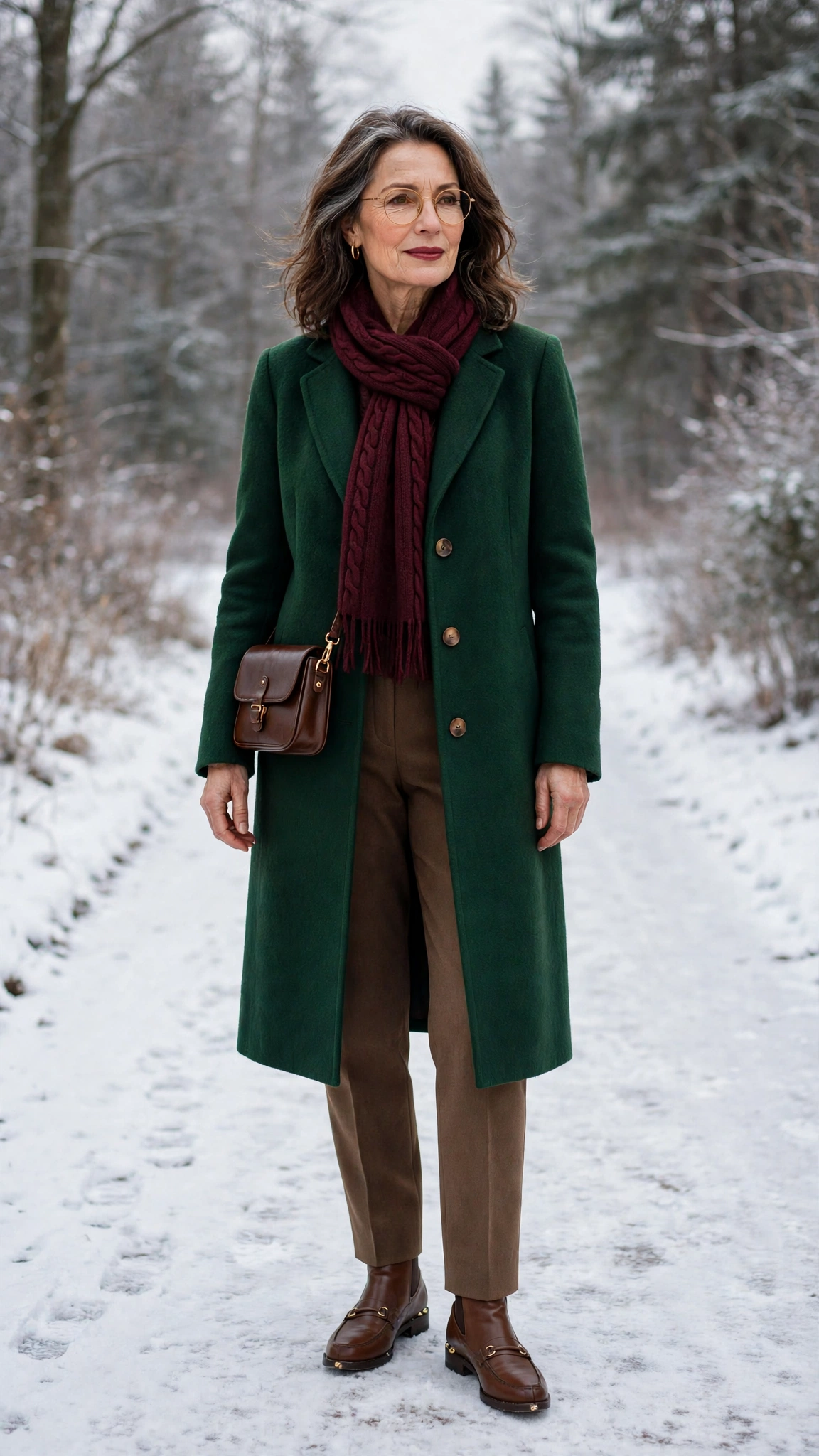 40 Women over 50 scarf and coat layering outfits for snowy walks That Are Chic, Warm and Elegant 18 Wine scarf with a forest green coat, brown trousers with ankle boots and classic loafers