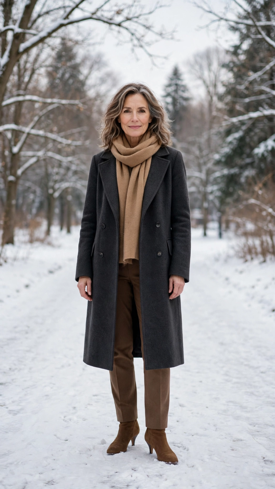 40 Women over 50 scarf and coat layering outfits for snowy walks That Are Chic, Warm and Elegant 19 Camel scarf with a charcoal coat, brown trousers with ankle boots and kitten heels