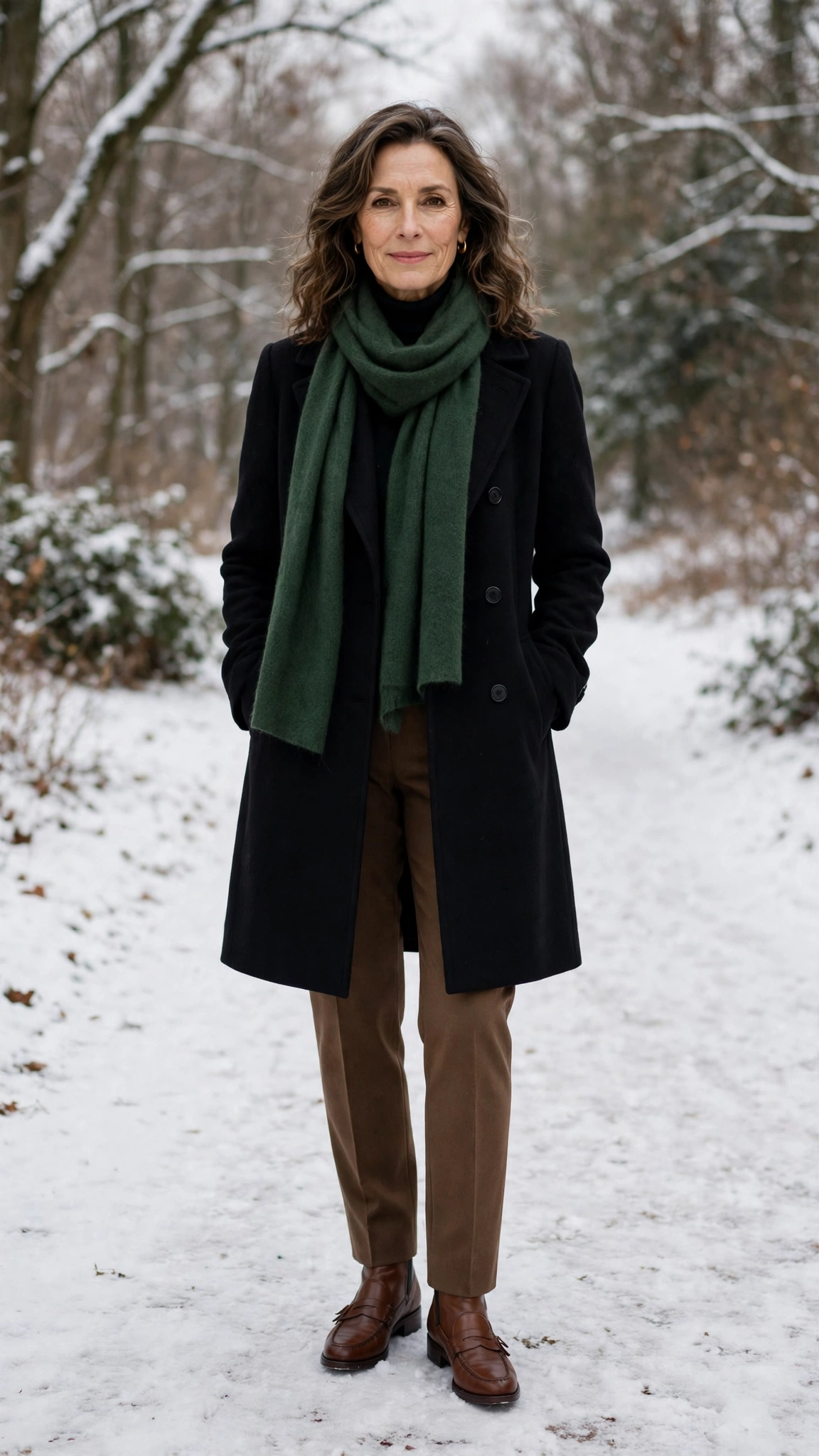 40 Women over 50 scarf and coat layering outfits for snowy walks That Are Chic, Warm and Elegant 20 Forest green scarf with a black coat, brown trousers with ankle boots and classic loafers