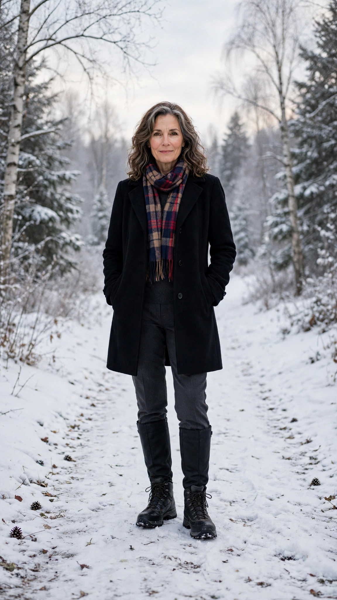 40 Women over 50 scarf and coat layering outfits for snowy walks That Are Chic, Warm and Elegant 21 Plaid scarf with a black coat, charcoal trousers with walking boots and knee-high boots