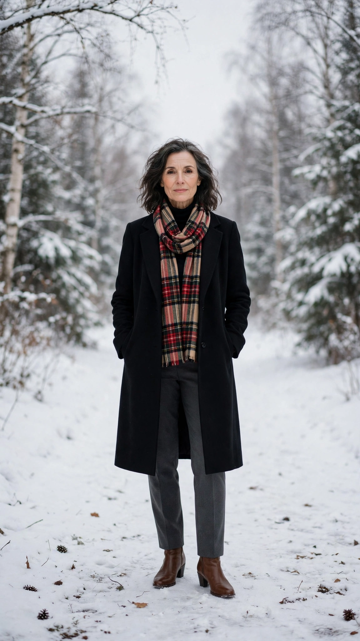 40 Women over 50 scarf and coat layering outfits for snowy walks That Are Chic, Warm and Elegant 22 Plaid scarf with a black coat, charcoal trousers with walking boots and low-heeled pumps
