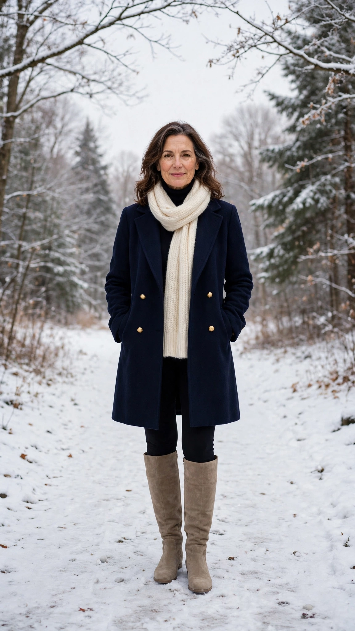 40 Women over 50 scarf and coat layering outfits for snowy walks That Are Chic, Warm and Elegant 23 Cream scarf with a navy coat, black leggings with knee-high boots and suede ankle boots