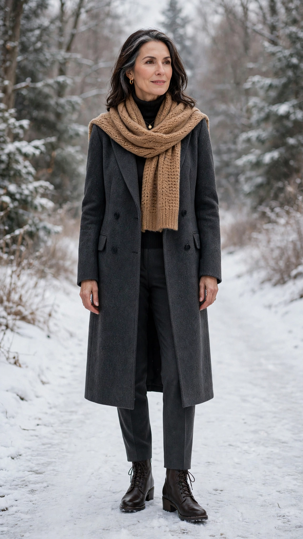 40 Women over 50 scarf and coat layering outfits for snowy walks That Are Chic, Warm and Elegant 24 Camel scarf with a charcoal coat, charcoal trousers with walking boots and low-heeled pumps